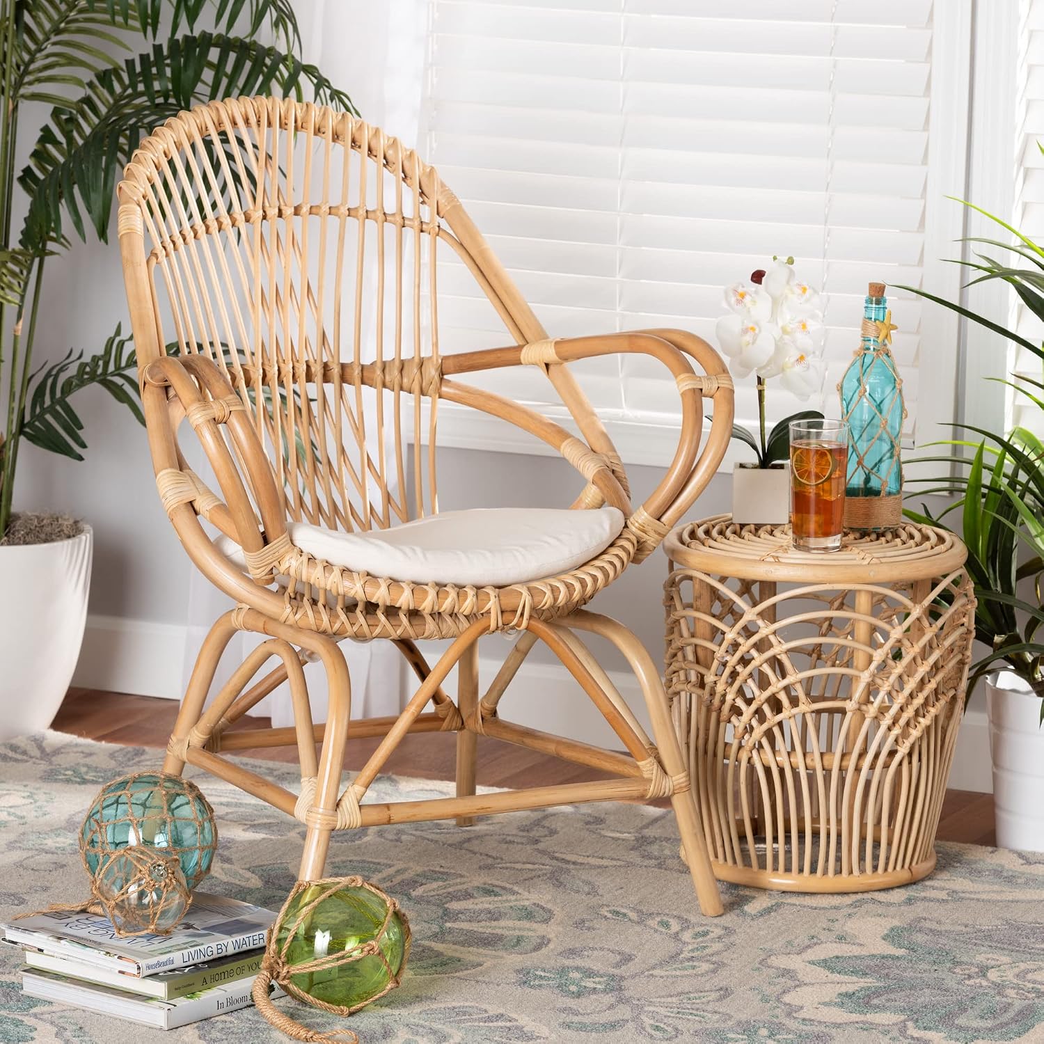 Bali & pari Jayden Modern Bohemian White Fabric Upholstered and Natural Rattan Accent Chair