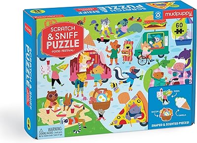 Food Festival 60 Piece Scratch and Sniff Puzzle from Mudpuppy, Features Colorful Illustrations, 6 Shaped Jigsaw Pieces, 3 ...
