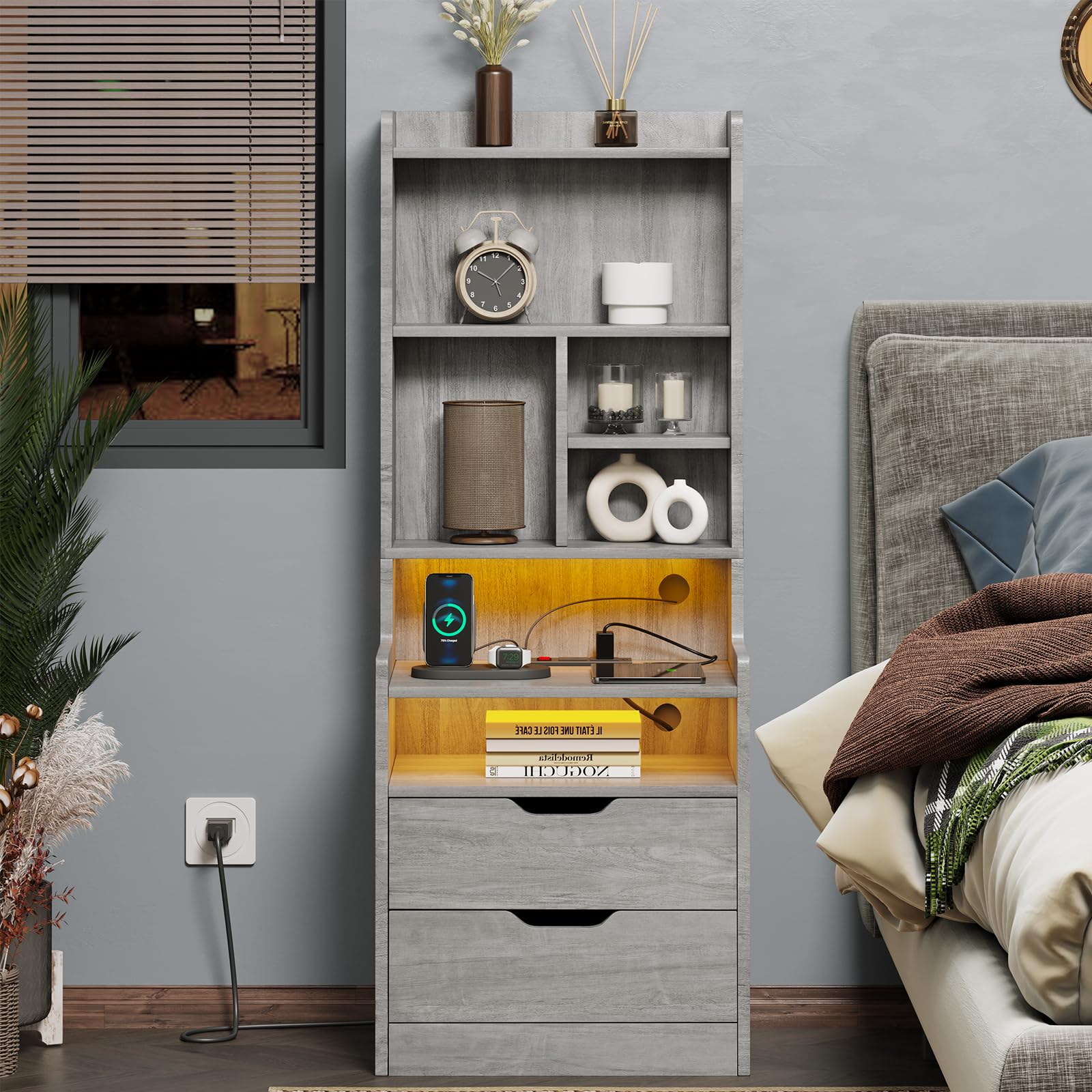 61 Tall Nightstand With Charging Station And LED Lights End Table With 3 Adjustable Shelves And 3 Drawers Roman Column Design Modern White