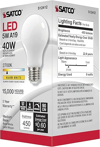 Miniatura 6 de Satco Paquete de 24 lámparas de filamento LED regulables, S12412, lúmenes altos, 5 vatios, A19; blanco suave; 2700 K; base media; 90 CRI; 120