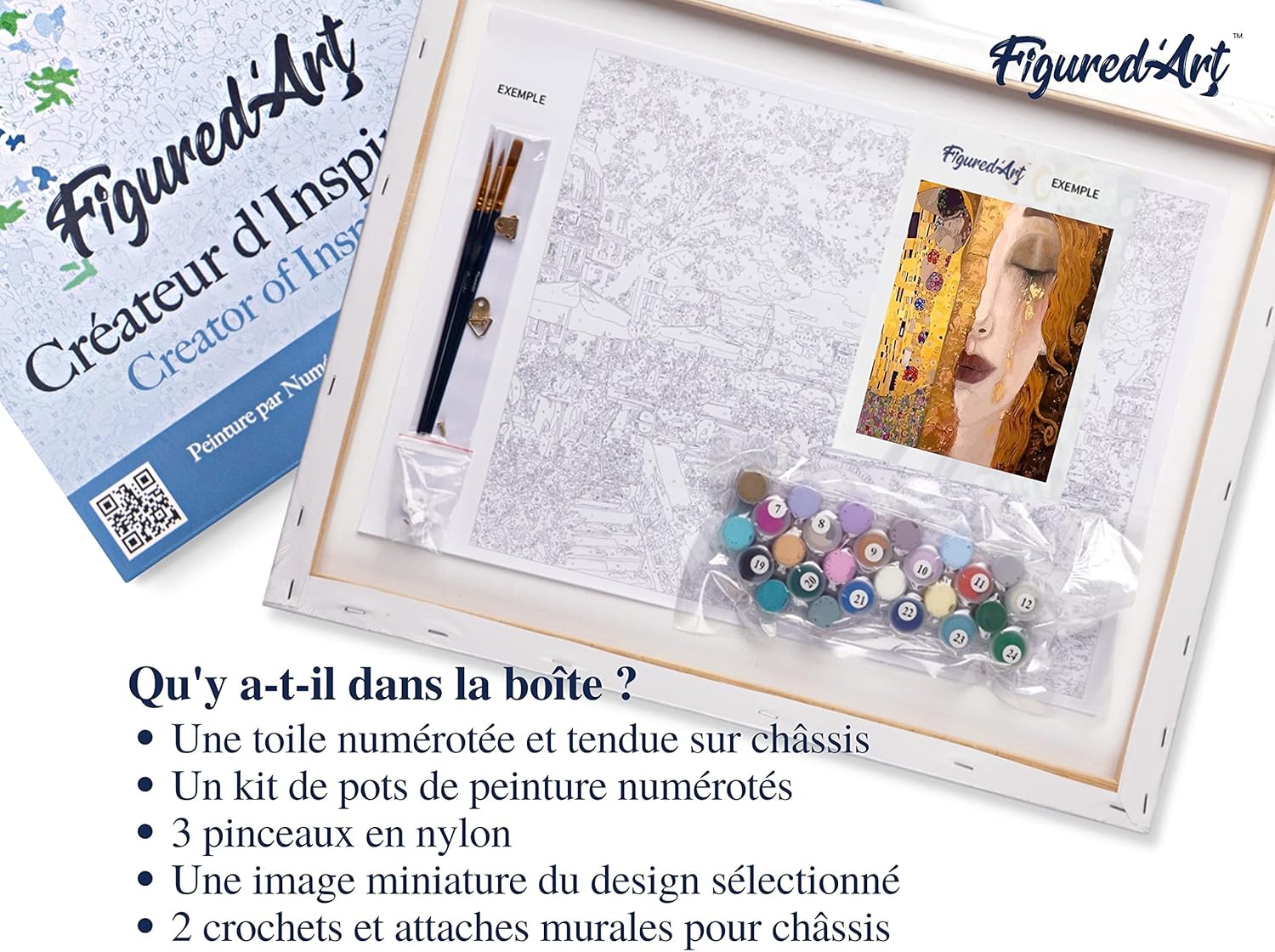 Figured'Art Paint by Numbers Kit for Adults with Frame Gustav Klimt 16"x20" - Craft Art Painting DIY Kit Canvas Already Stretched on a Wooden Frame