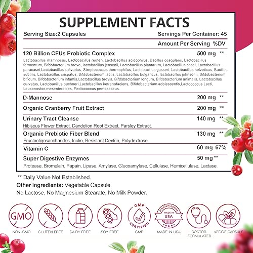 Miniatura 6 de Probióticos para mujeres Salud digestiva, probióticos vaginales 120 mil millones de UFC, 31 cepas con enzimas digestivas y prebióticos y D manosa y