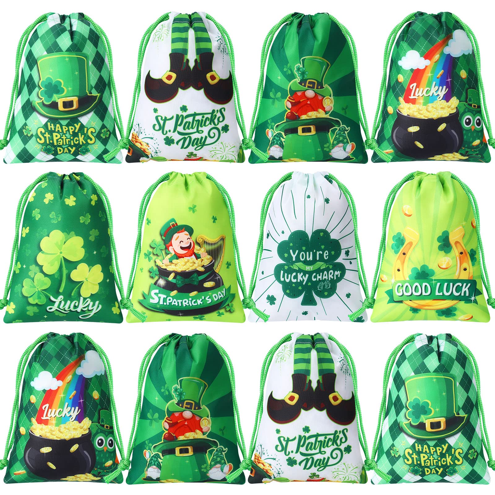 Honoson24 Pieces St Patrick's Day Party Favor Bags St Patrick's Day Drawstring Bags Lucky Shamrock Treat Candy Pouch for Irish Party Supplies