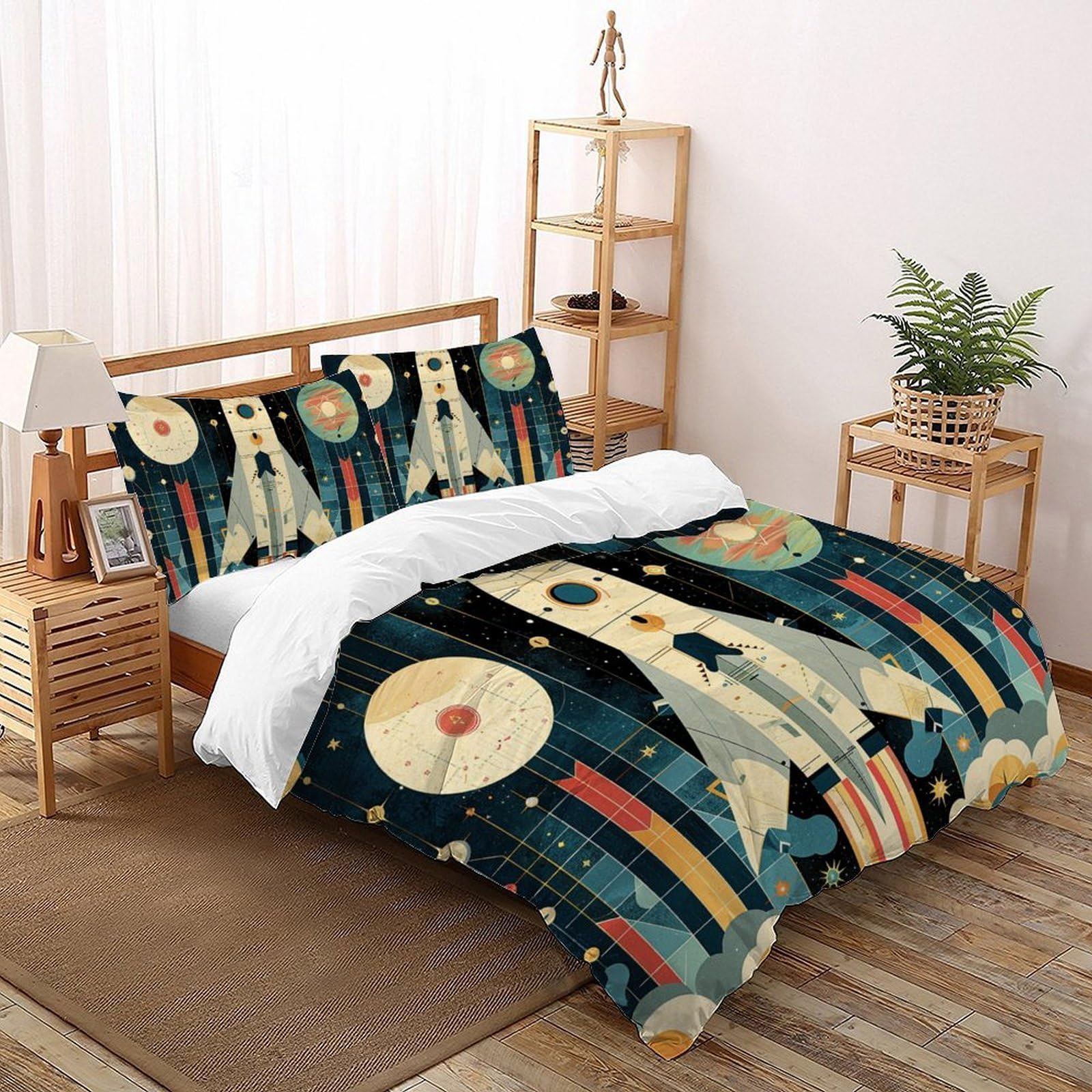 Housse de couette rocket géométrique enfant 3 pièces avec fermeture éclair anti-glisse King 220x240