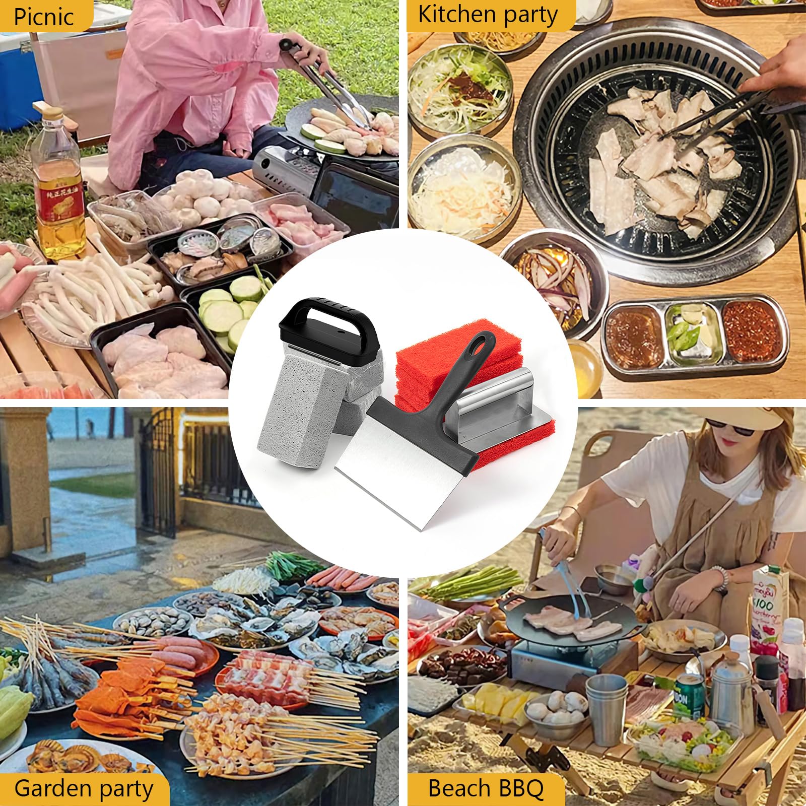 Kit de limpieza de plancha para Blackstone, kit profesional de raspador de plancha con raspador, piedra de parrilla y almohadillas para estropajos con asa, 10 piezas