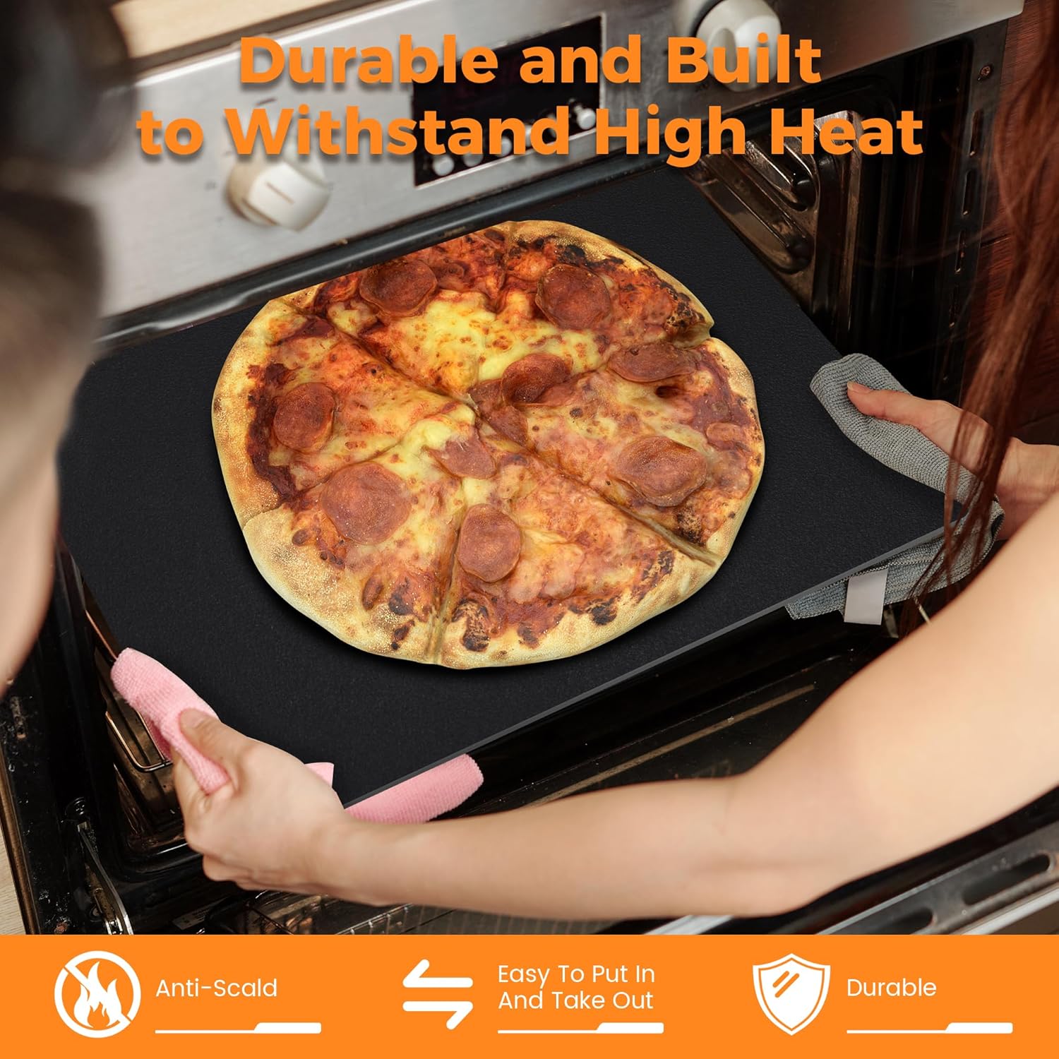 Large Cast Iron Pizza Stone Set for Oven & Grill - 16x13.4x1/4 Inch Steel Pizza Baking Stone, 4 PCS Pizza Making Accessories Kit for Barbecue, Sourdough Bread & Large Pizzas