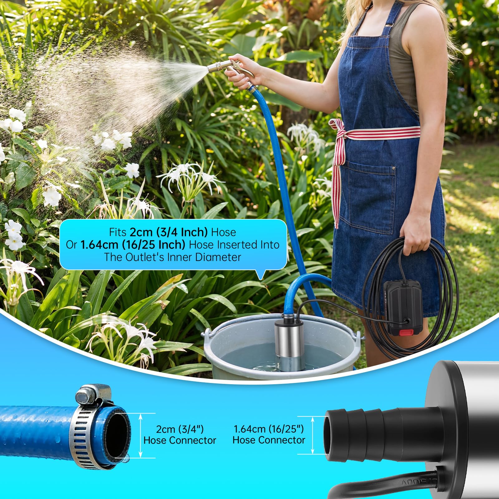Pompe à eau portable 2 en 1, 30 l/min - Pompe submersible avec câble de 3 m et raccord de 50 mm pour jardin, voiture, piscine, camping, cave, étang