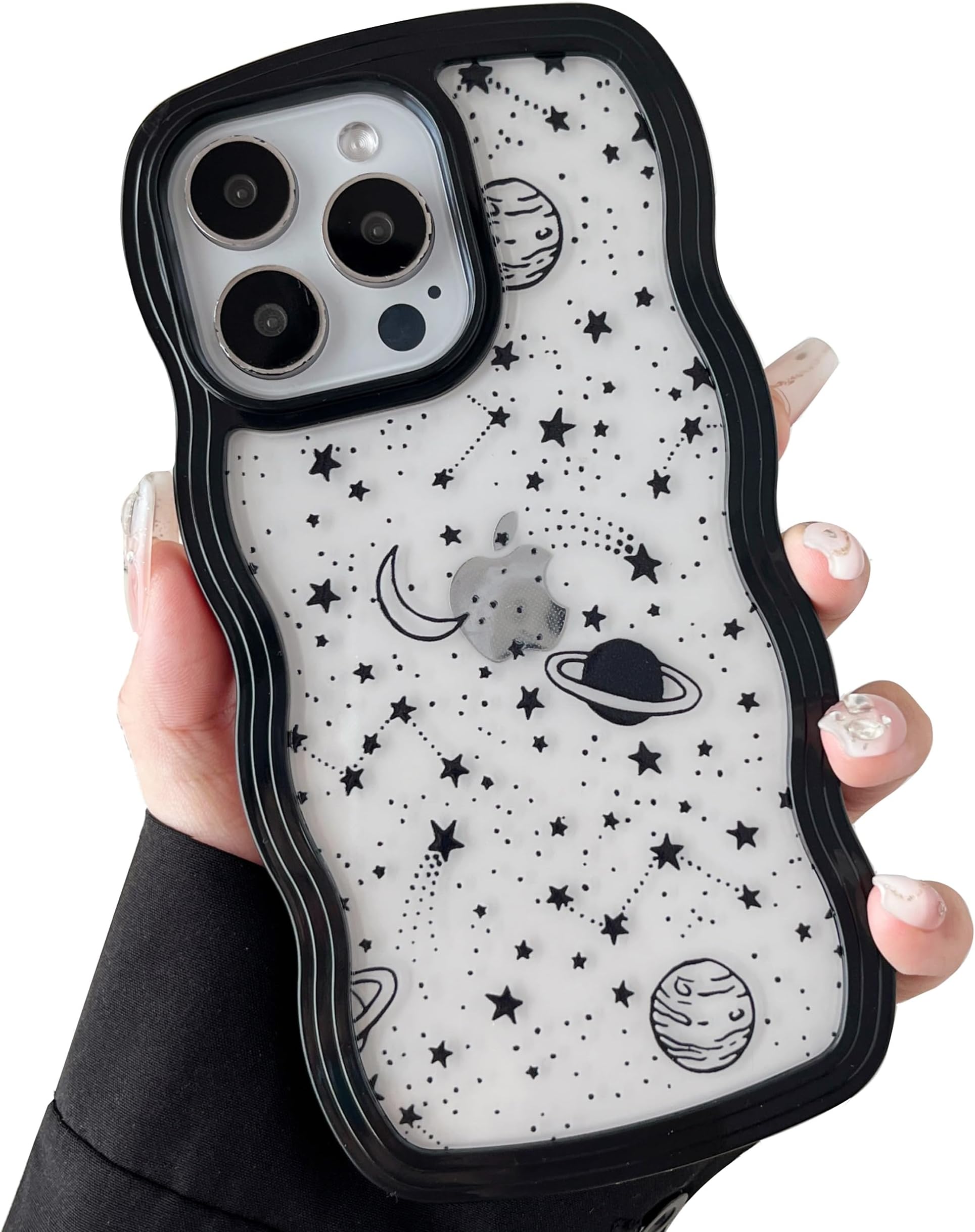 ZTOFERA Wavy Case for iPhone 14 Pro (6.1"), Cute Clear Protective Case with Planet Star Moon Pattern, Hard PC Colored Wave Frame Soft Silicone Bumper Shockproof Cover for Girls Women, Black