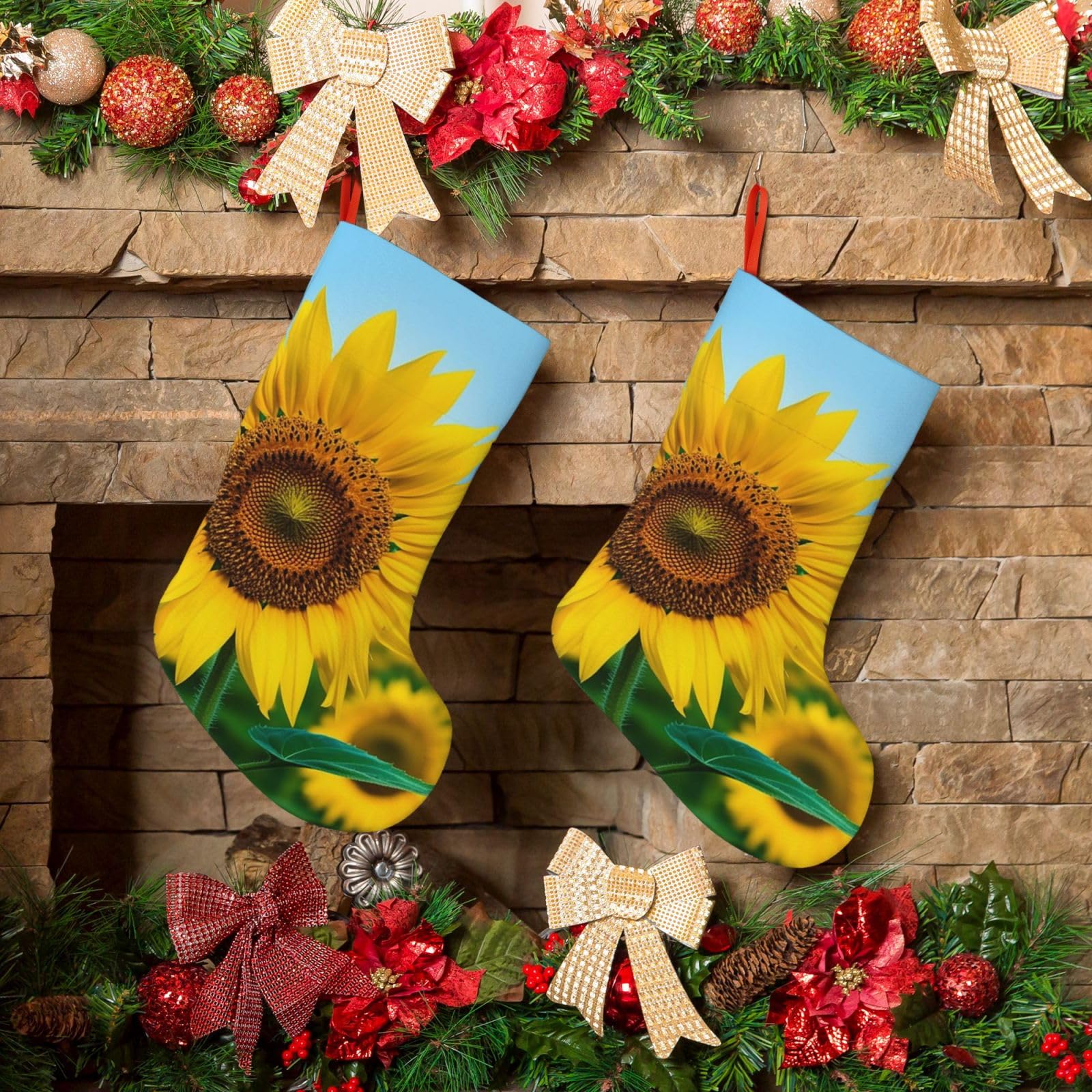 Beutiful Sunflower Christmas Stockings 18 Inches Velvet Xmas Fireplace Hanging Stocking Rustic Christmas Santa Stockings for Home Christmas Decorations Party Favor Supplies