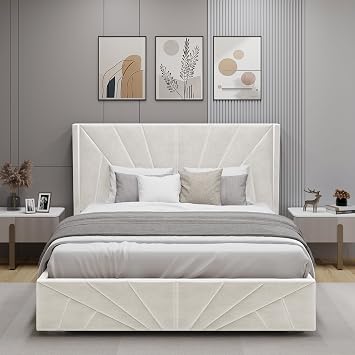 Ottoman Small Double Bed Frame, Upholstered Gas Lift Up Bed Frame with Storage, Ottoman Storage Bed with Gas Lift End Opening Wooden Slats, (4ft Beige Small Double, No Mattress Included)