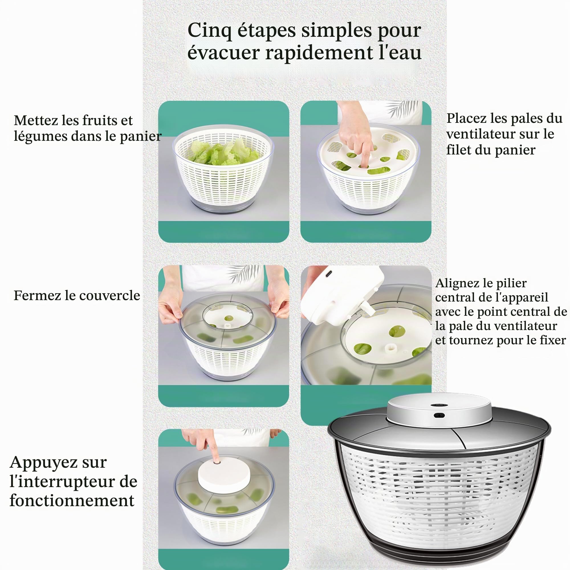Electric Essoreuse à Salade, Séchoir à Légumes Automatique, Capacité 4,5 l, Transparent, Essorage Facile Et Rapide, Séchoir à Salade Fraîche, Déshydrateur De Fruits et Légumes