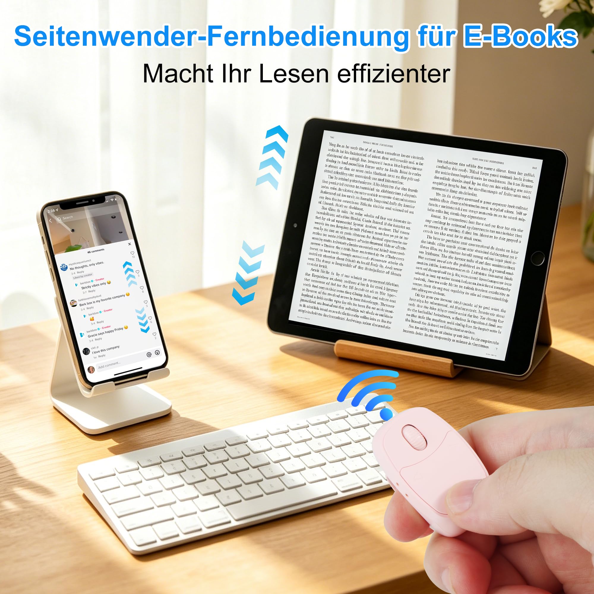 TikTok - Mando a distancia inalámbrico Bluetooth, anillo de desplazamiento recargable con funda de carga, vídeo corto remoto, disparador de cámara, libro electrónico PPT, giro lateral para smartphone
