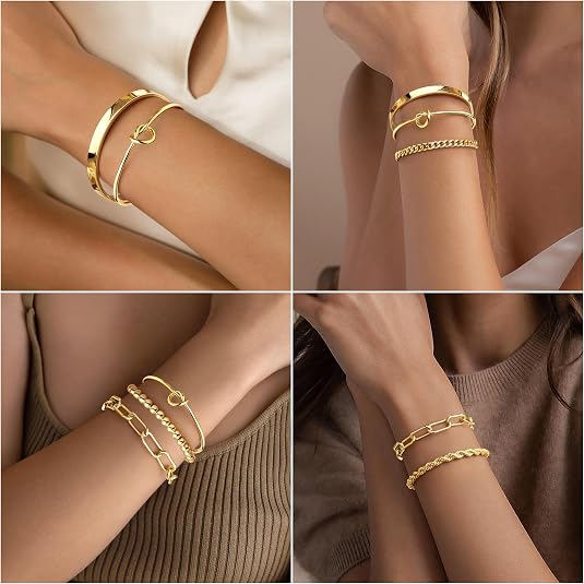 Gokeey Gokeey Gold Bracelets Set for Women Non Tarnish, Waterproof 14K Gold Plated Sterling Silver Chunky Cuff Bracelet Stackable Gold Bangles — product photo thumbnail 3
