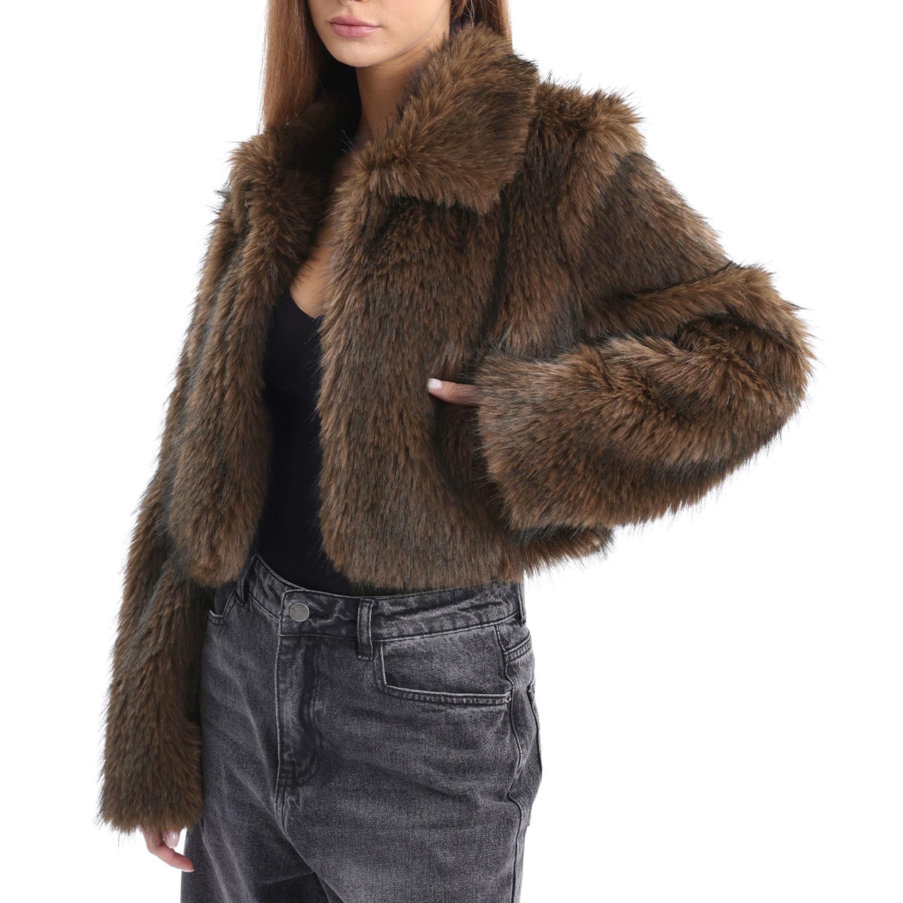 Amazhiyu Cappotto di pelliccia da donna in pelliccia sintetica, cappotto in pelliccia sintetica, giacca in pelliccia, giacca corta, giacca invernale, cappotto, colletto aperto con tasche