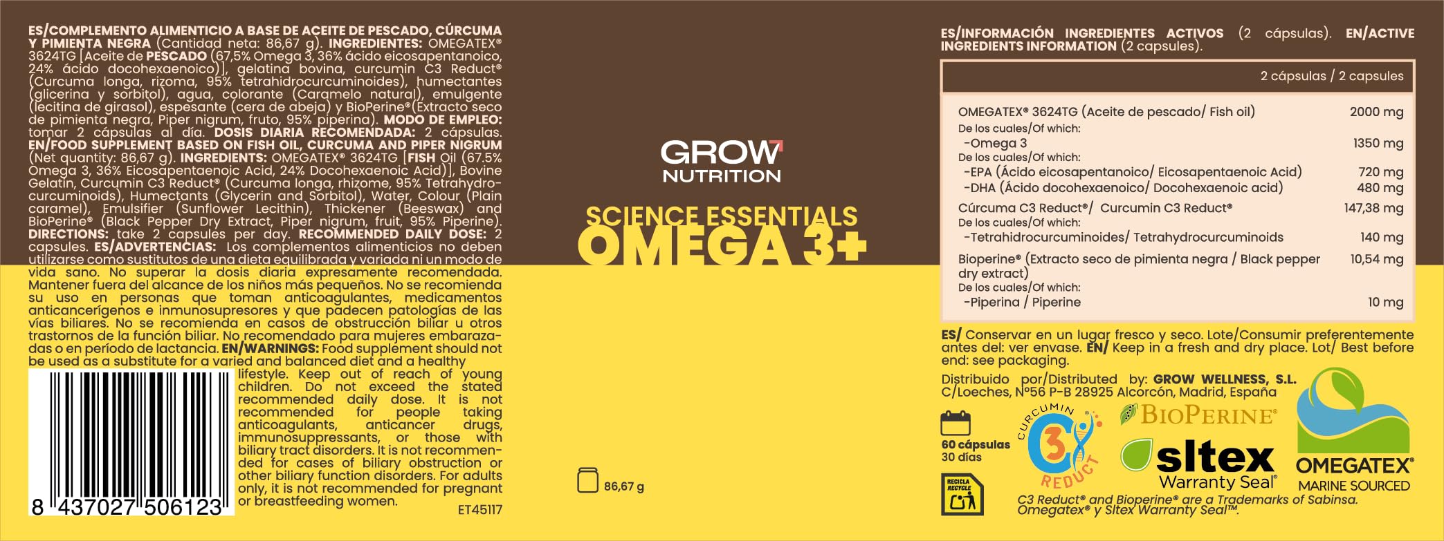 Grow Wellness - Omega 3+ | OMEGATEX® | Envase de 60 cápsulas