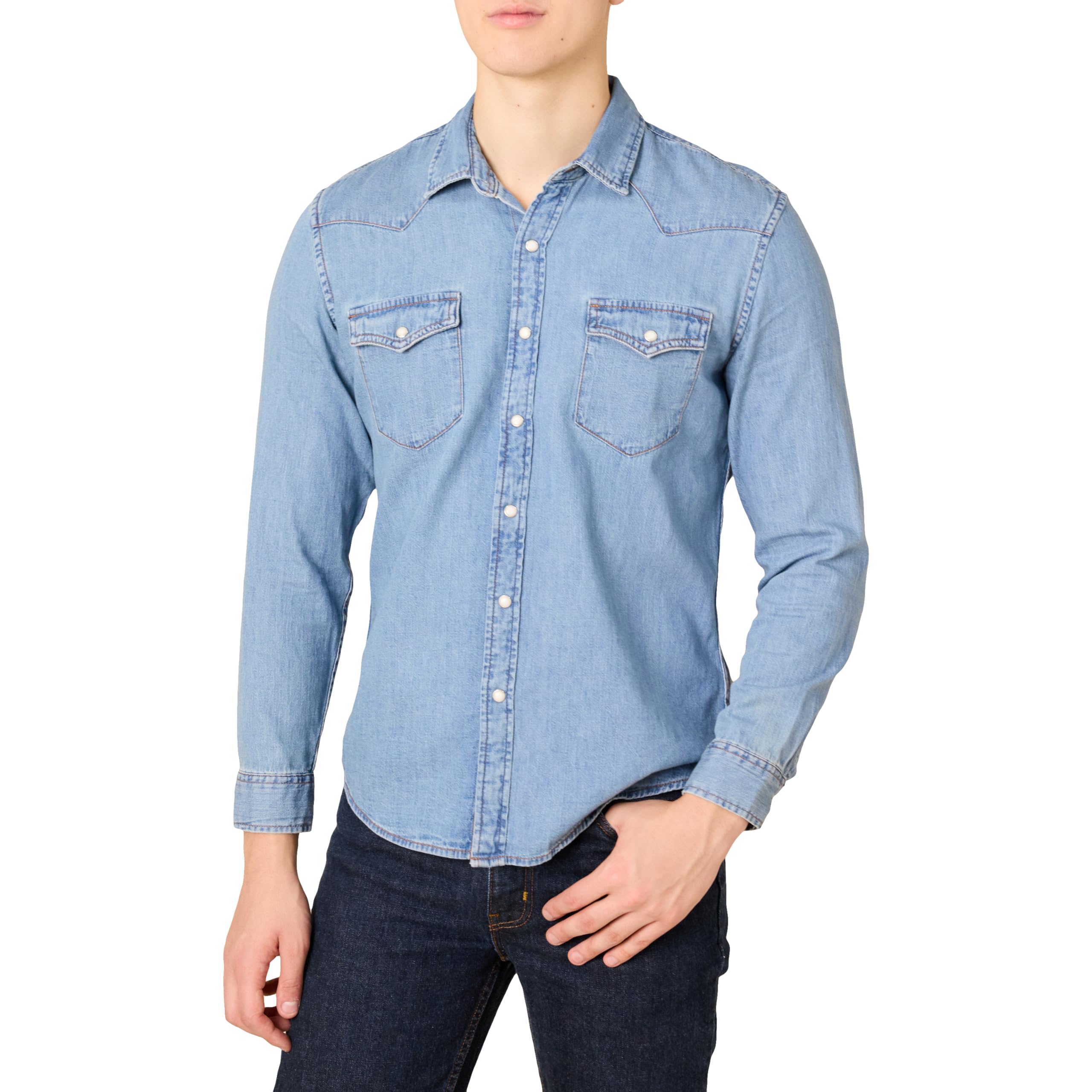 Amazon Essentials Camicia in Jeans a Maniche Lunghe vestibilità Aderente con Bottoni Automatici Uomo