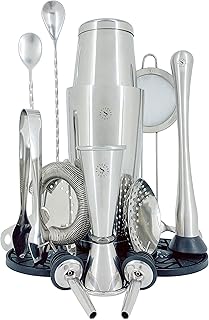 14 pezzi da cocktail professionale – Shaker Boston 530 e 830 ml, 3 colini, jigger, 2 cucchiai, mano di mortaio, 2 versatori, pinze e 2 sottobicchieri, tutto in acciaio inox ad alte prestazioni