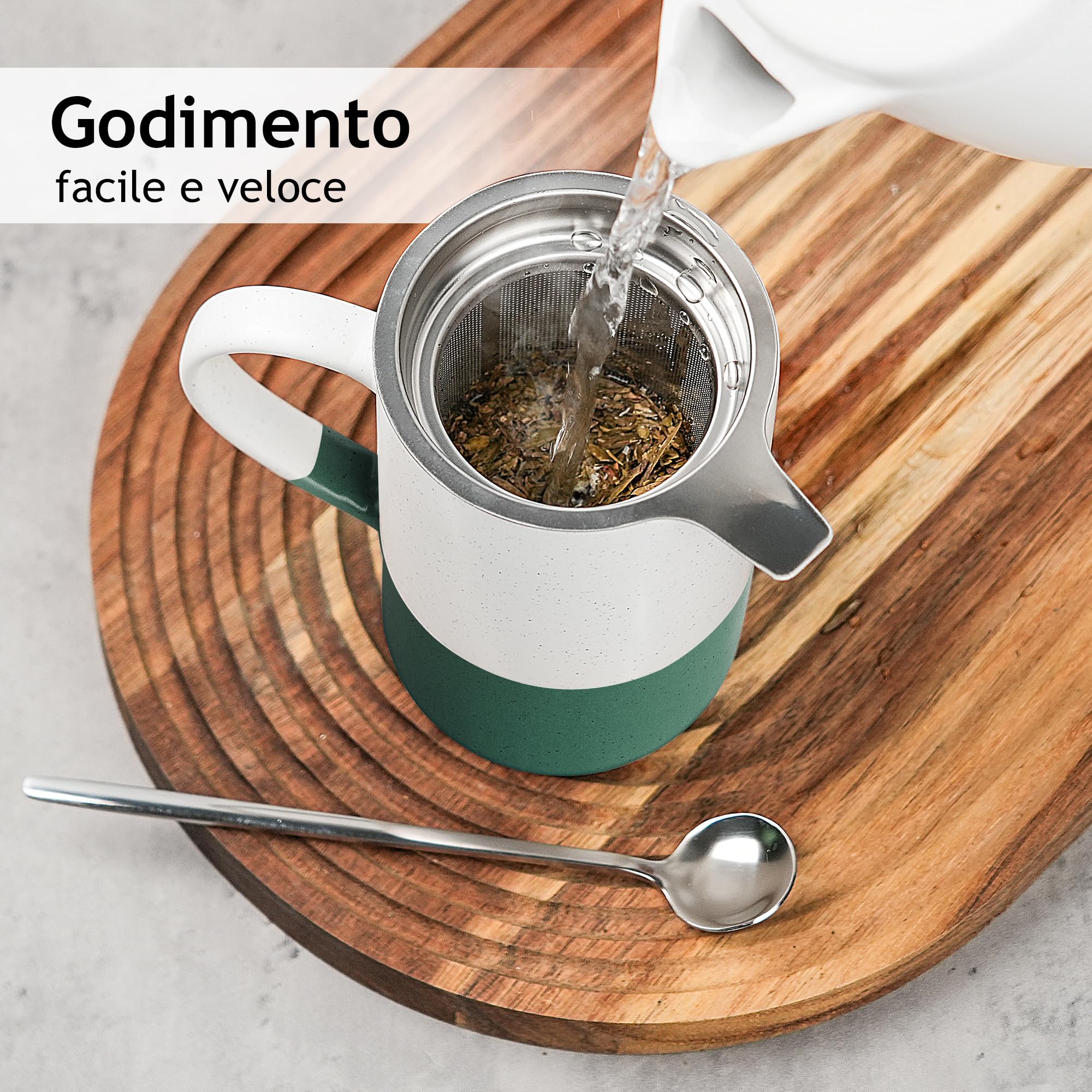 MIAMIO - Set di tazze da tè 2 x 500 ml con infusore e coperchio/Tazza da tè in ceramica con infusore e cucchiaio per la macerazione del tè in foglie, regali per gli amanti del tè (Verde scuro)