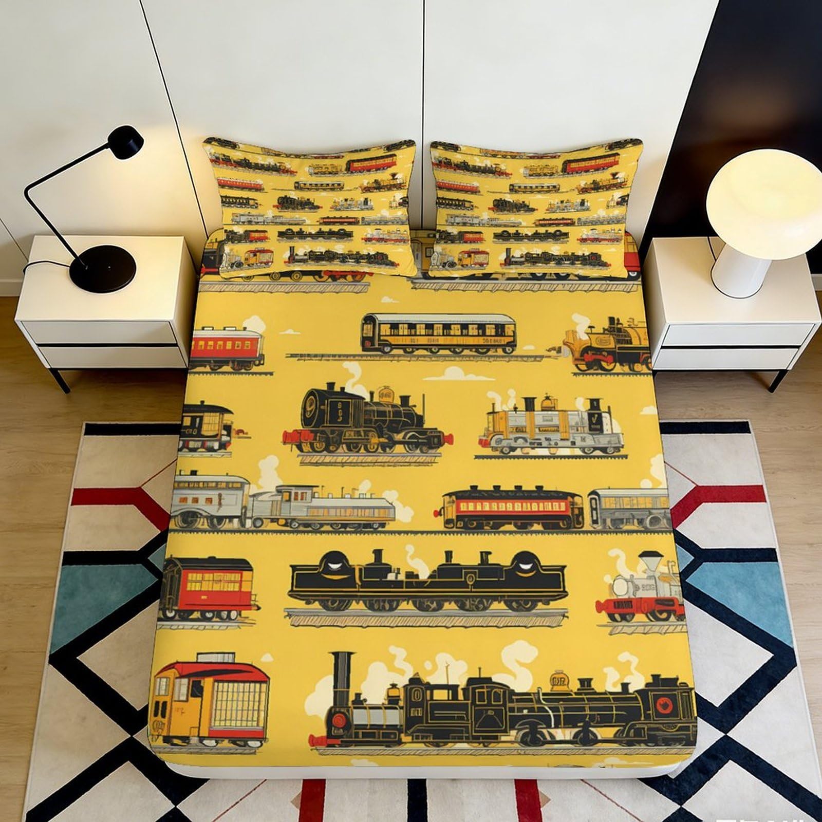 3D Printed Vintage Steam Train Fitted Sheet Microfiber Yellow Railway Locomotive Mattress Cover for Bedroom Guest Room Decor 160x200x25cm