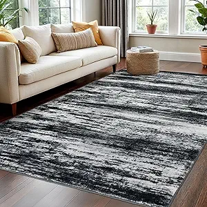 KOZYFLY Washable Area Rug 5x7 Modern Ombre Living Room Thin Rug Non-Slip Soft Striped Area Rug for Bedroom, Black Navy Blue Grey Abstract Carpet for Laundry Kid Room