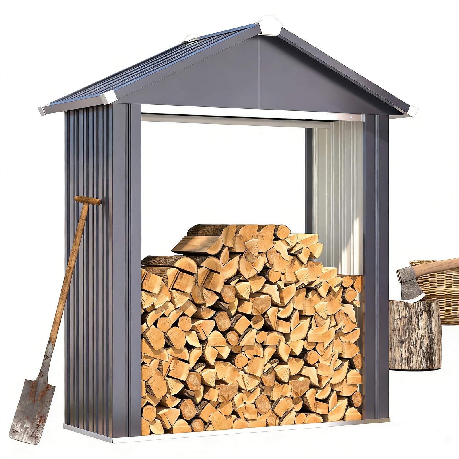 YODOLLA Heavy Duty Galvanized Steel Log Store – Outdoor Firewood Shelter with Apex Roof, Weatherproof Garden Storage for Wood, Kindling & Tools (Grey) — image 1