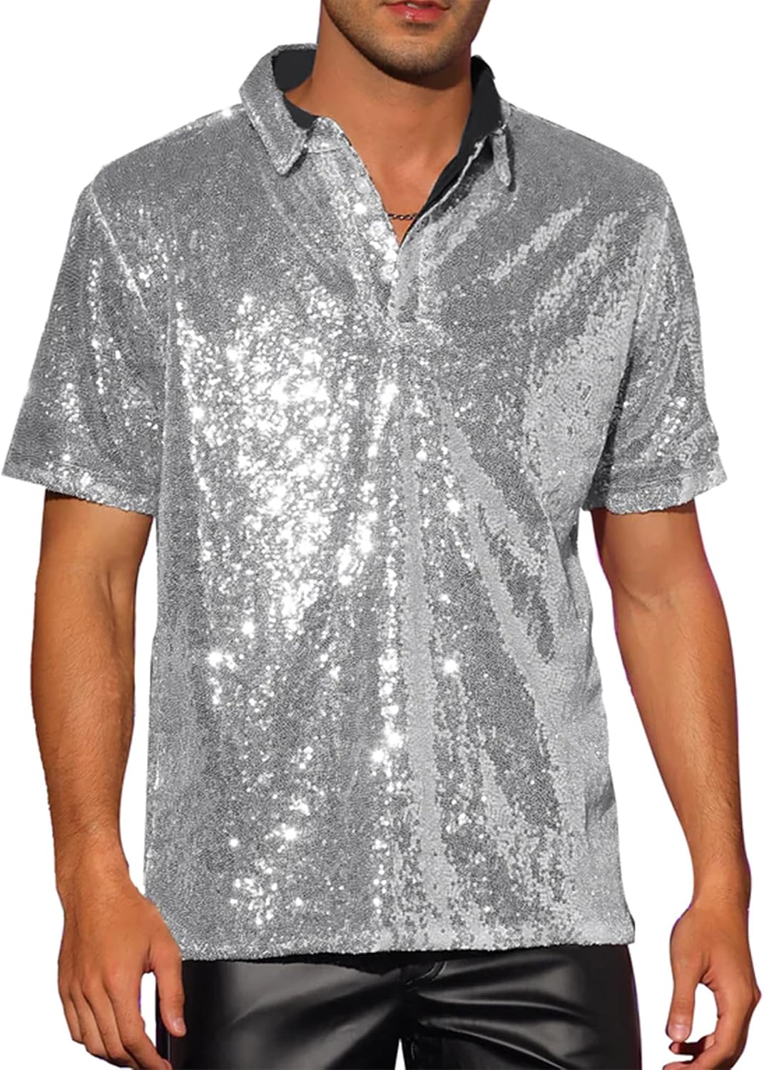 Men Sparkle Sequins Shirt Vintage 1/4 Sparkle Button Short Sleeve Disco Tops 70s Party Novelty Shiny Shirt Rave Tops