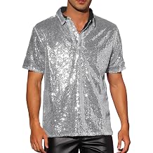 Acrawnni Men Sparkle Sequins Shirt Vintage Summer 1/4 Sparkle Button Short Sleeve Disco Tops 70s Party Club Novelty Shiny Shirt Rave Tops