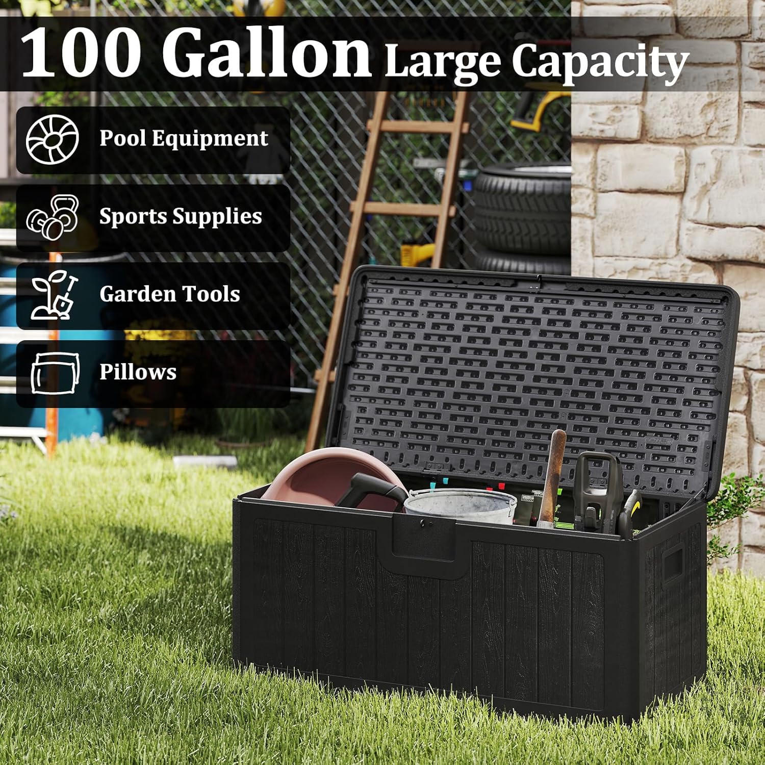 Tangkula 100 Gallon Outdoor Storage Box, Resin Outdoor Storage Bench with Lockable Lid, Waterproof Deck Box for Garden Tools, Pool Accessories, Cushions