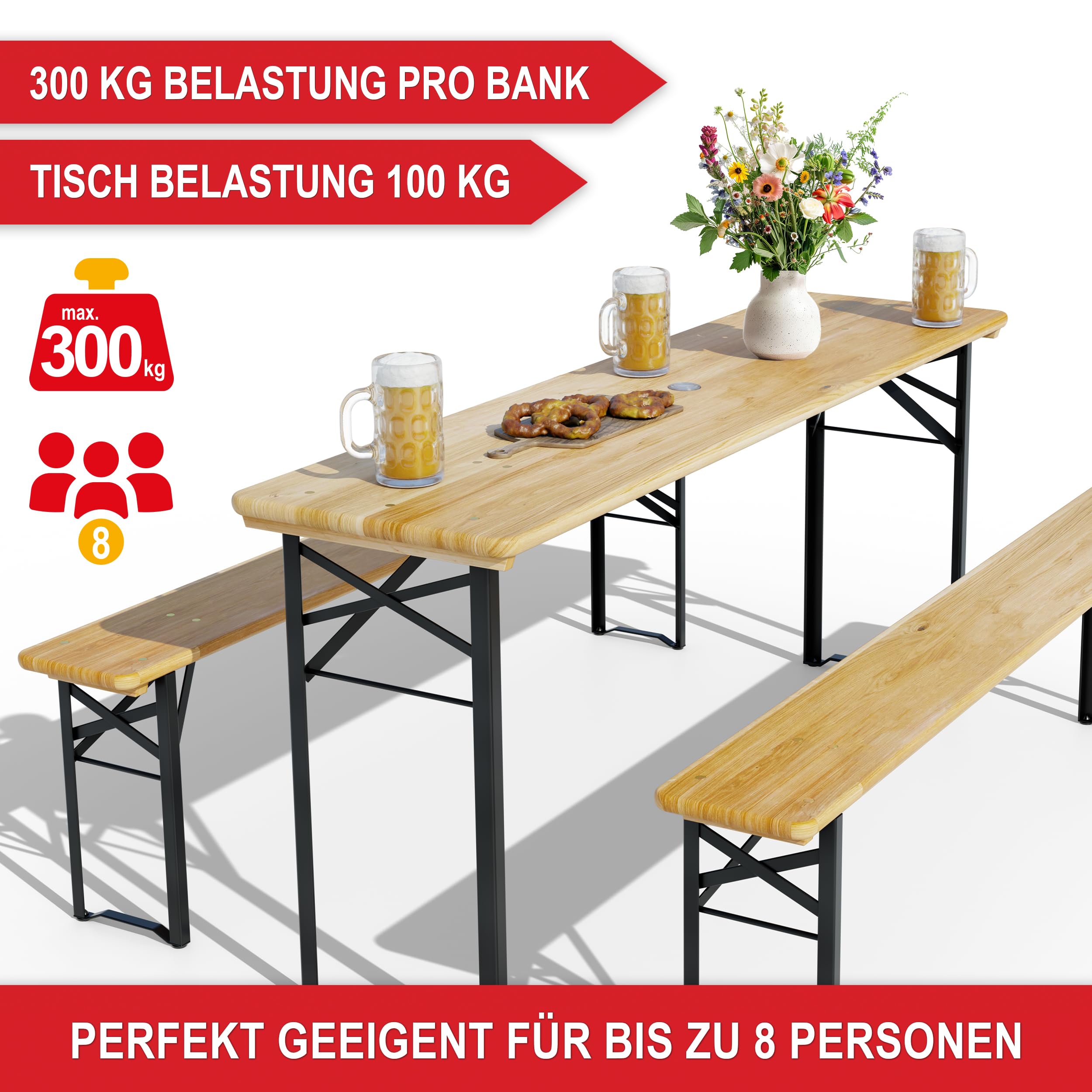 Onbest Bierzeltgarnitur für 8 Personen – 3 teilig – Modernes schwarzes Gestell – Tisch & 2 Bänke im Set – Biertischgarnitur mit Bodenschoner – klappbar – Holz lackiert – 177 x 46 x 75 cm