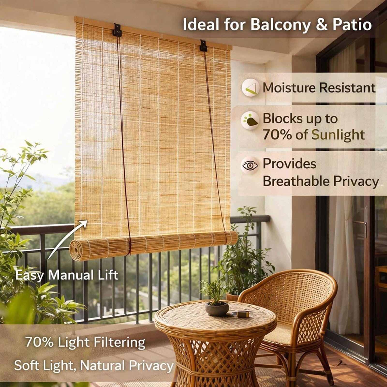Store Enrouleur Bambou,Store À Rouleau en Bois,Rideau Bambou Exterieur,50 70 90 110 130 150 180cm Protection Solaire Et Brise-Vue,Store Fenetre Occultant,pour Balcon/Jardin(Natural White,130x220cm)