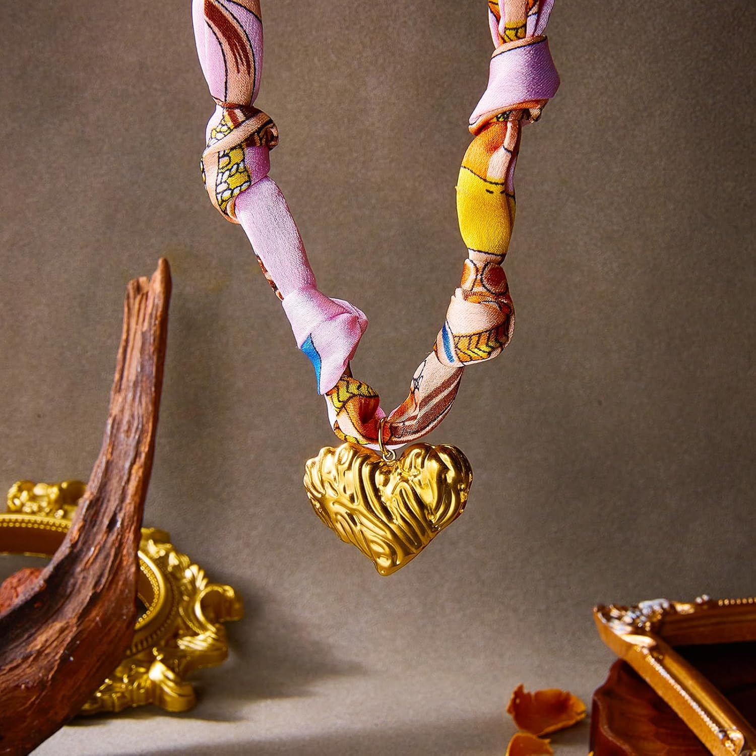 BELLA-Bee Scarf Necklace with Charm Adjustable Vintage Bandana Necklace with Gold Stainless Steel Charms Boho Dainty Western Silk Scarf Necklace for Women Statement Jewelry - Image 4