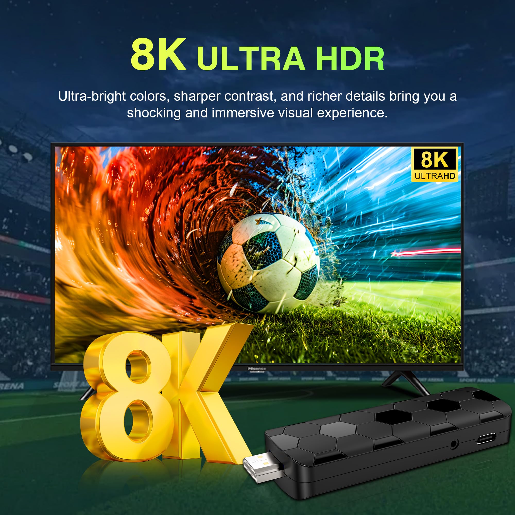 Android TV Stick 14.0, 2 Go RAM + 16 Go ROM, Puce RK3518, WiFi Double Bande 2,4G/5,8G, BT5.4, HDMI 2.0, 8K HD, Noir
