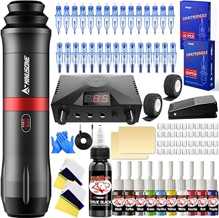 Rotary Tattoo Pen Kit for Beginners with 30Pcs Cartridges Needles and 10 Color Inks Power Supply Black Pro