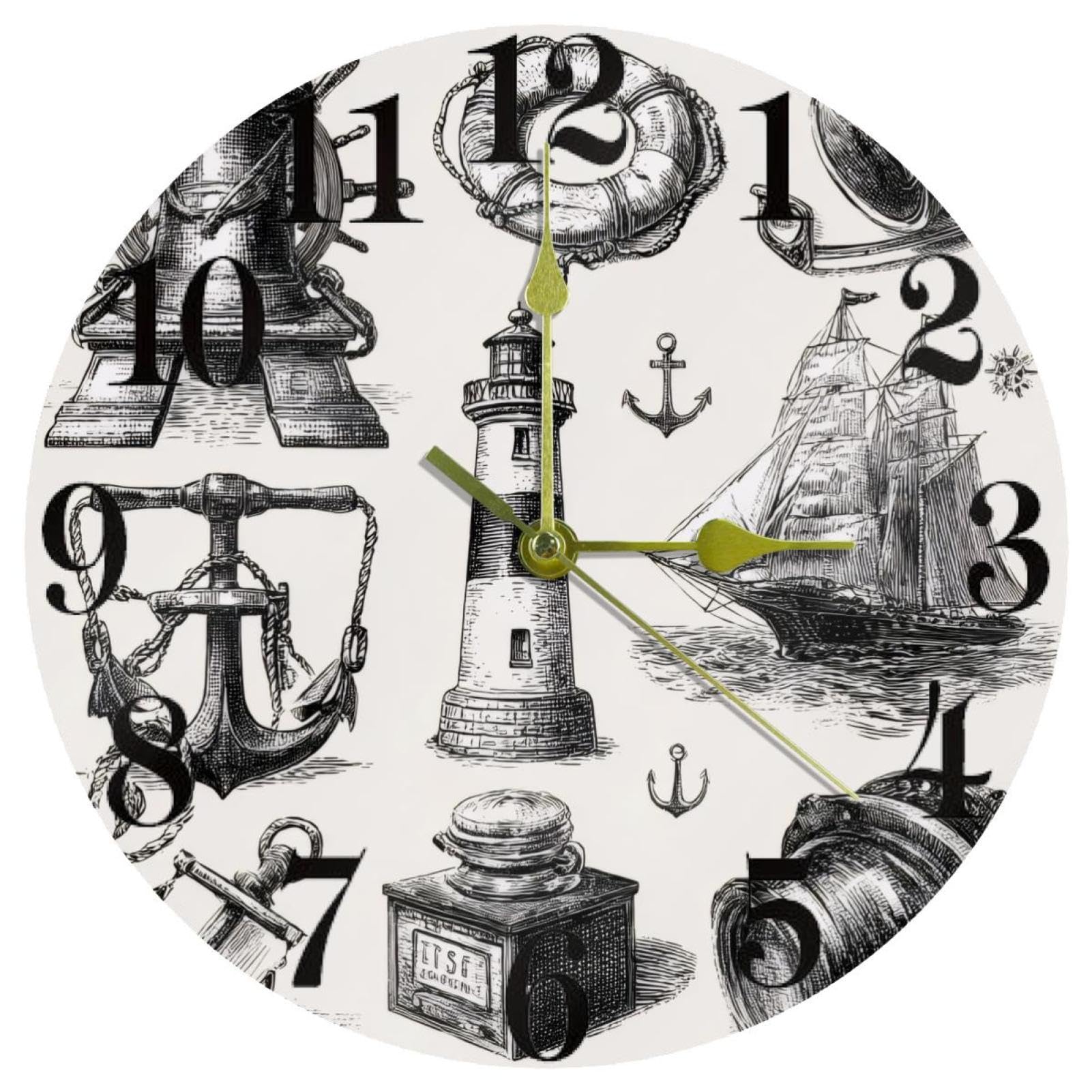 Horloge murale nautique ronde à quartz silencieuse pour décorer la cuisine ou le bureau