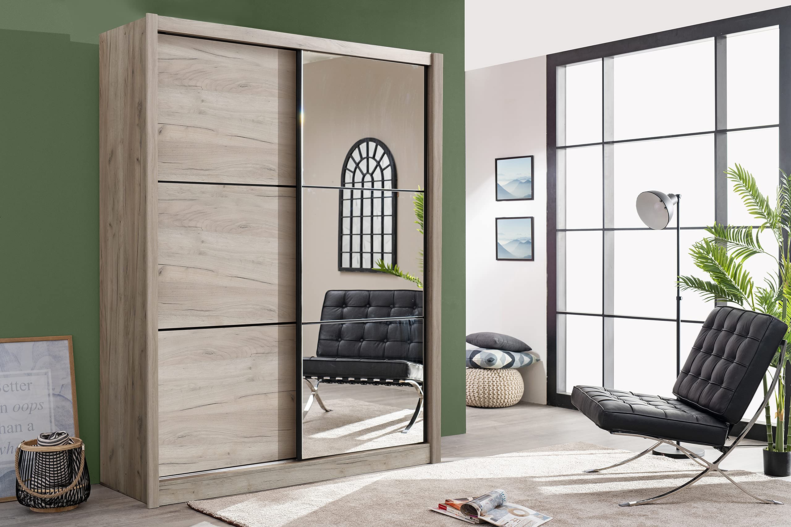 Armadio rifinito quercia con 2 ante scorrevoli con specchio, 166x60x215 cm