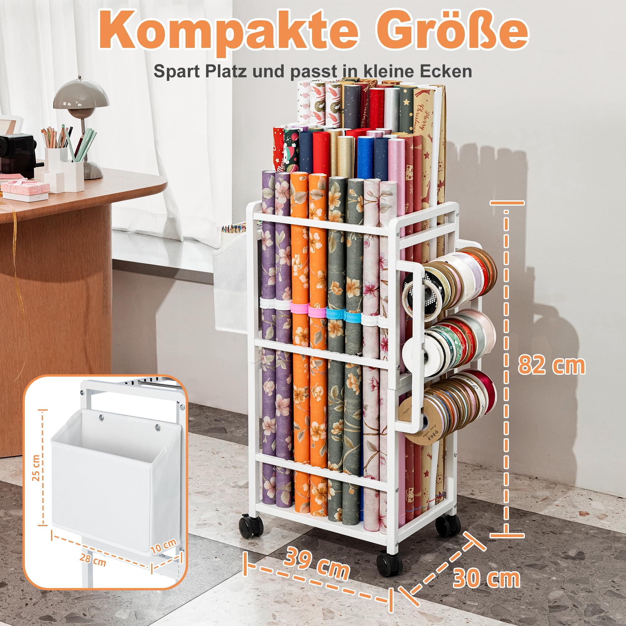 Aquzee Geschenkpapier Aufbewahrung, Geschenkpapier Organizer Rollwagen, Vertikaler Aufbewahrungswagen mit Rollen für Geschenkpapier, 3 Geschenkband Halter, 12 Schnapparmband