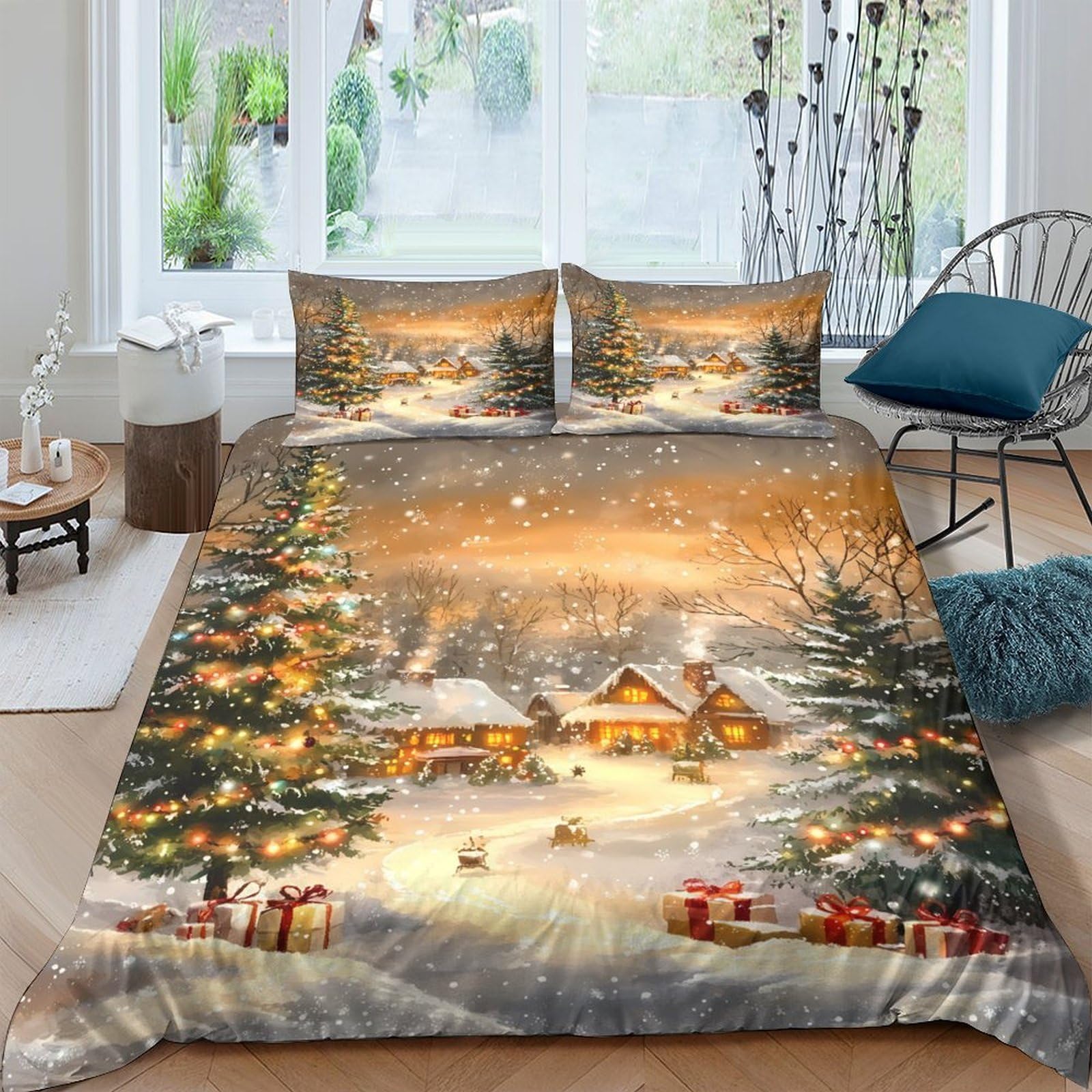 Ctjqhvkz Style-6 3D Printed Christmas Village Fitted Sheet Microfiber Soft Winter Scene Bed Cover For Bedroom Guest Room Decor Single（135X200cm）