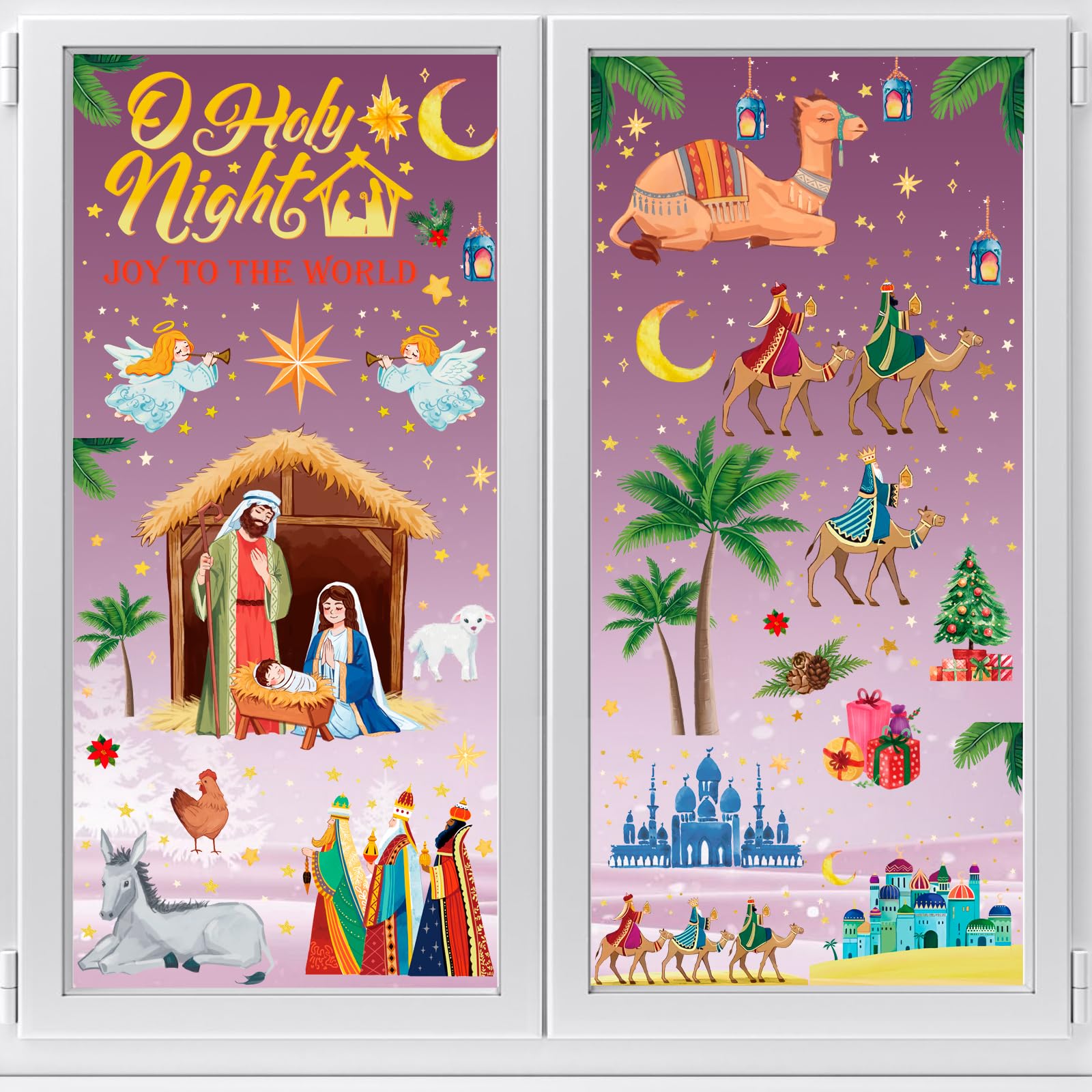 HOWAF Nativity Christmas Window Clings Stickers, 9 Sheet Religious Christmas Scene Holy Night Joy to The World Window Decals for Christmas Decor, Christian Jesus Static Glass Stickers Party Supplies