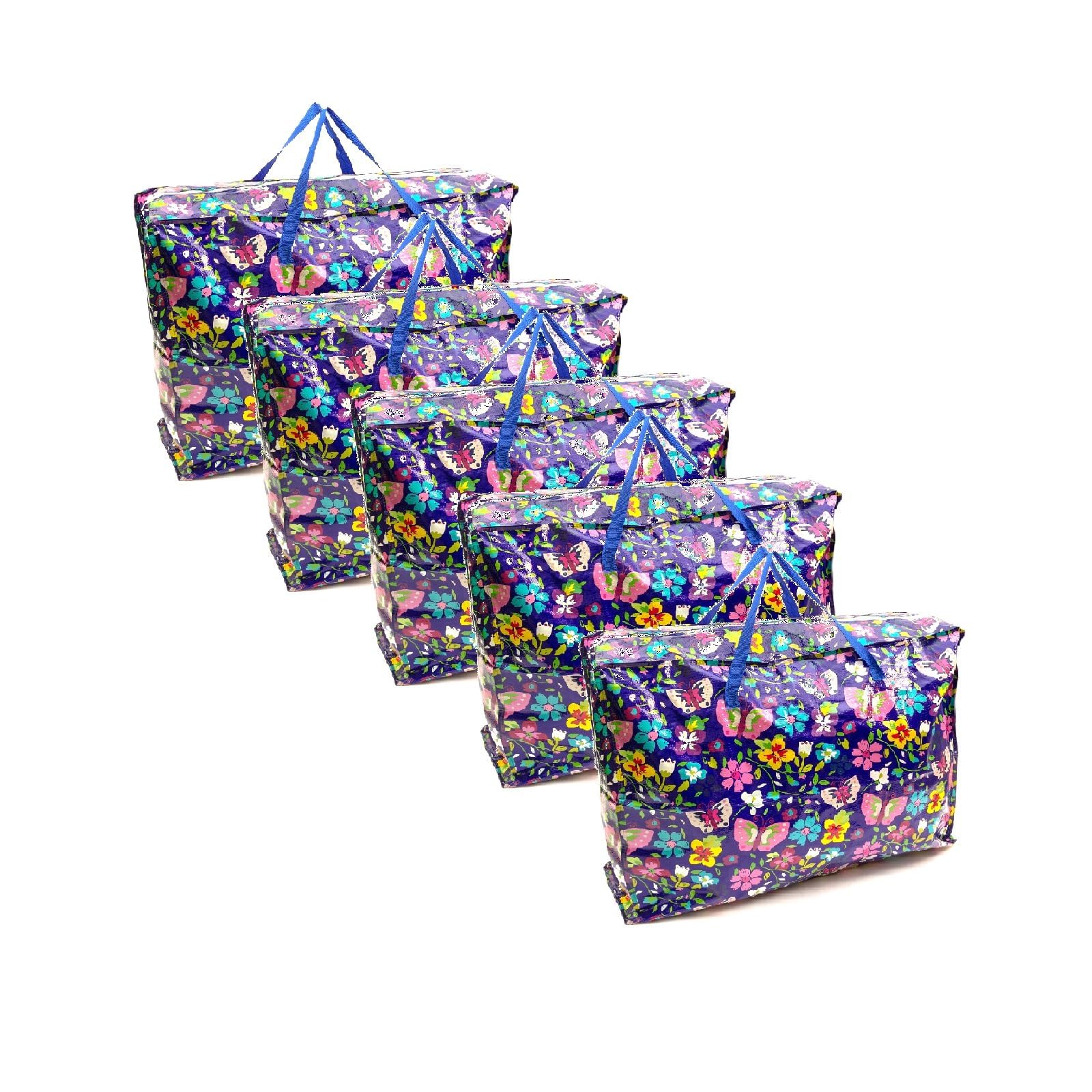 5 PACK Butterfly 75x60x25cm Heavy Duty Durable Reusable Foldable Waterproof Laundry Clothing Wardrobe Storage Moving House Shopping Storage Bags Extra Large Jumbo Zipped Floral Bag