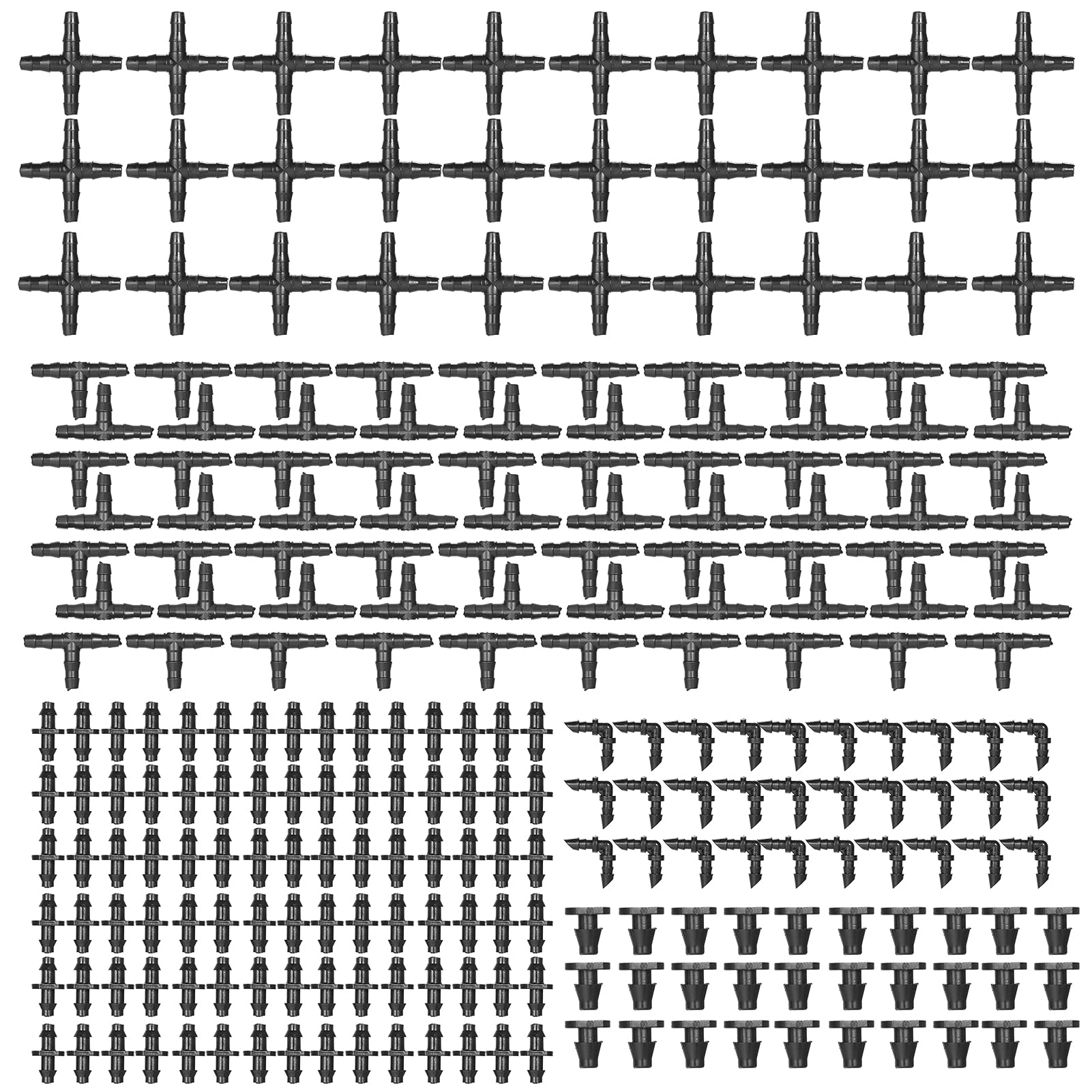 250 Pieces Irrigation Fitting Kit Drip Irrigation Barbed Connectors Compatible with 1/4 Inch Water Hose Connectors for Garden Lawn Drip Systems(30 4-Way Coupling, 30 Elbows, 90 Straight Barbs, 30 End