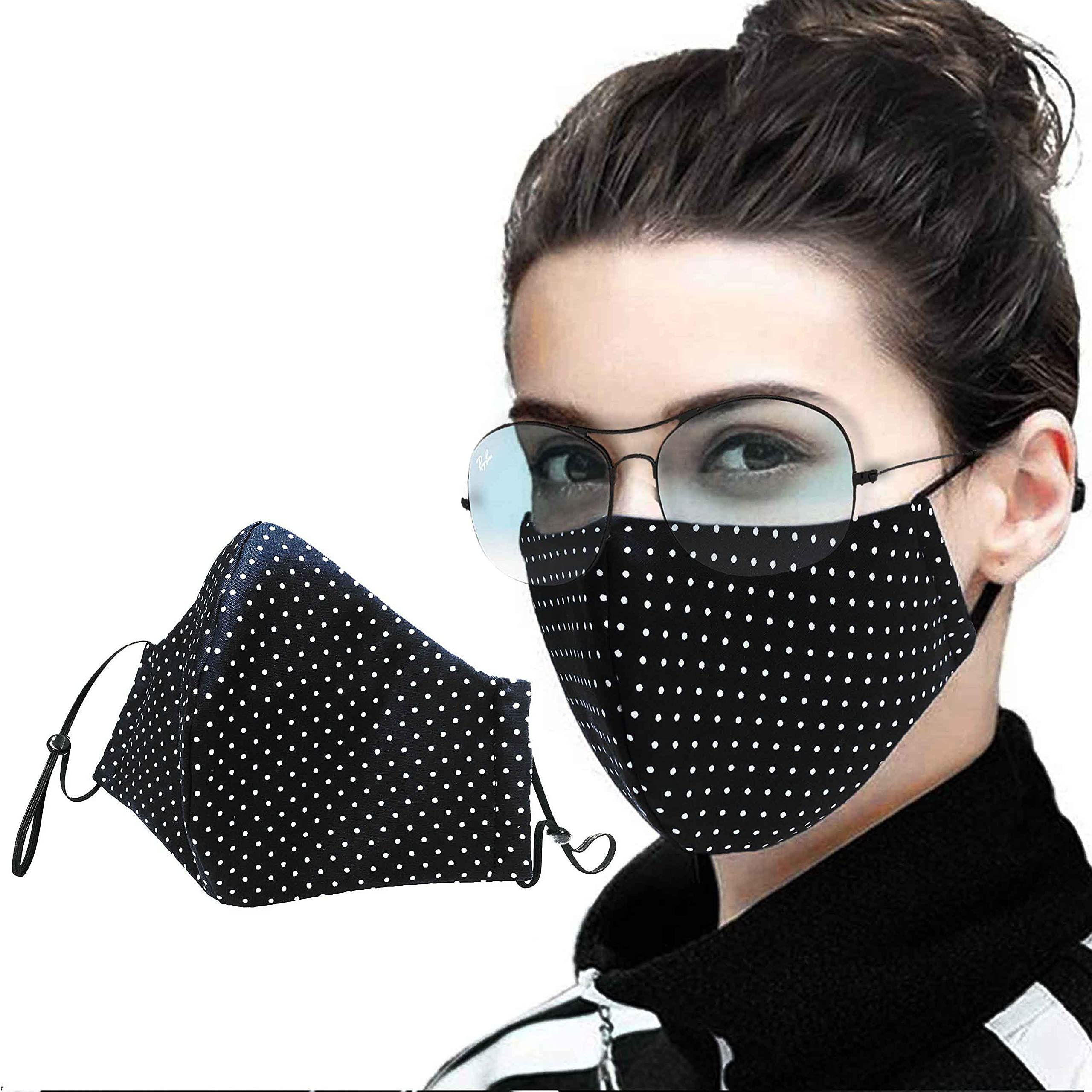 Bompi & Tortilli Cotton 3D Face Mask | Washable & Reusable with Nose Wire for Glasses Wearers | Anti Fogging | Adjustable Straps | 4 layer Fabric Mask (Black Pins)
