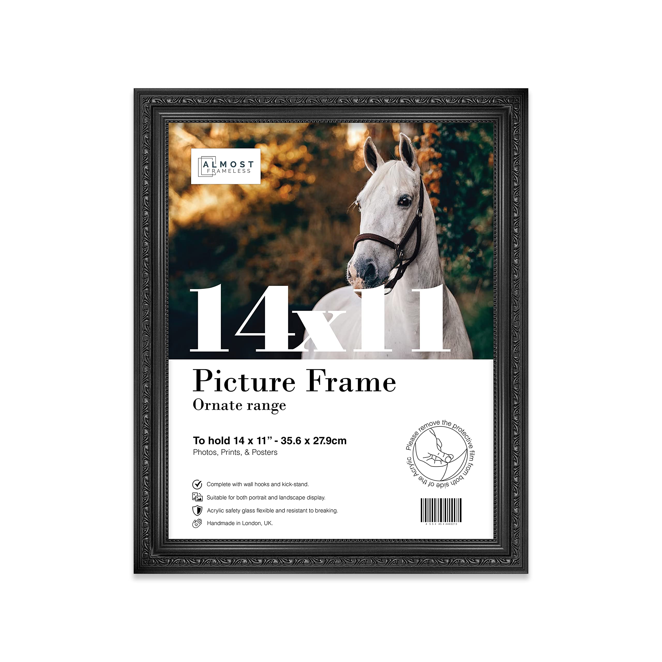 Almost Frameless 14x11 Black Ornate Picture Frame 14"x11"(35.6x27.9cm) Poster, Photo, Artwork, or Print. Baroque Style Portrait and Landscape Display with Wall Hooks