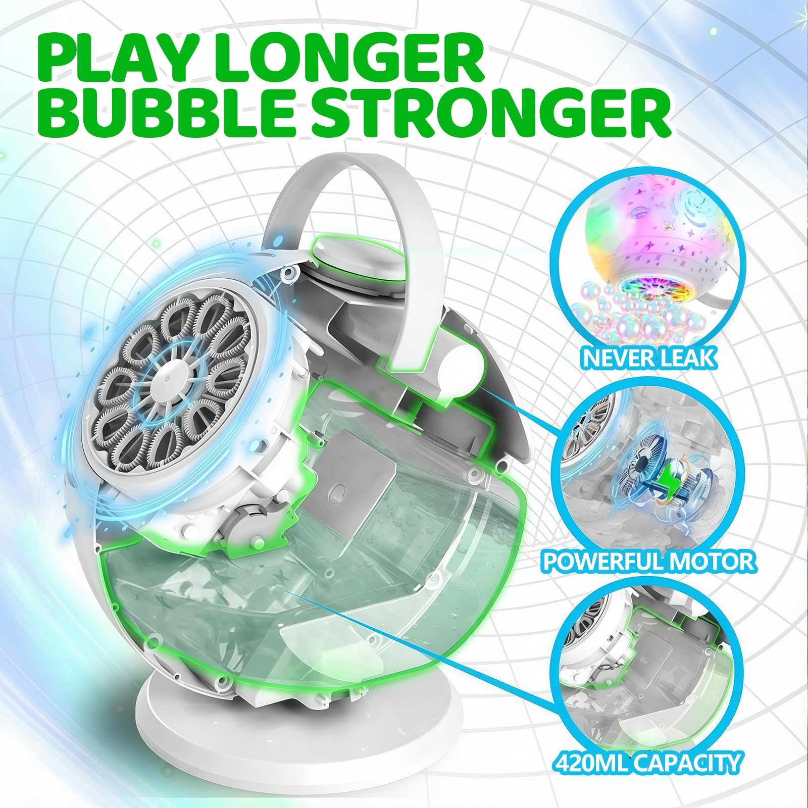Tecnock Máquina de Burbujas Recargable con Mando a Distancia, Rotación 90°/360°, 20000+ Burbujas/Min, Luces LED de 7 Colores, Batería 1200 mAh, 45 Min de Autonomía, USB-C, para Niños, Fiestas y Bodas