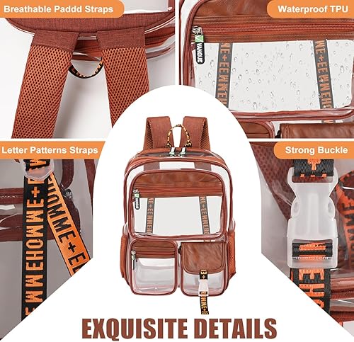 Vista 4 de Vangue Mochila transparente de TPU aprobada para estadios, resistente y con correas acolchadas para eventos deportivos universitarios, Marrón, Bolsa