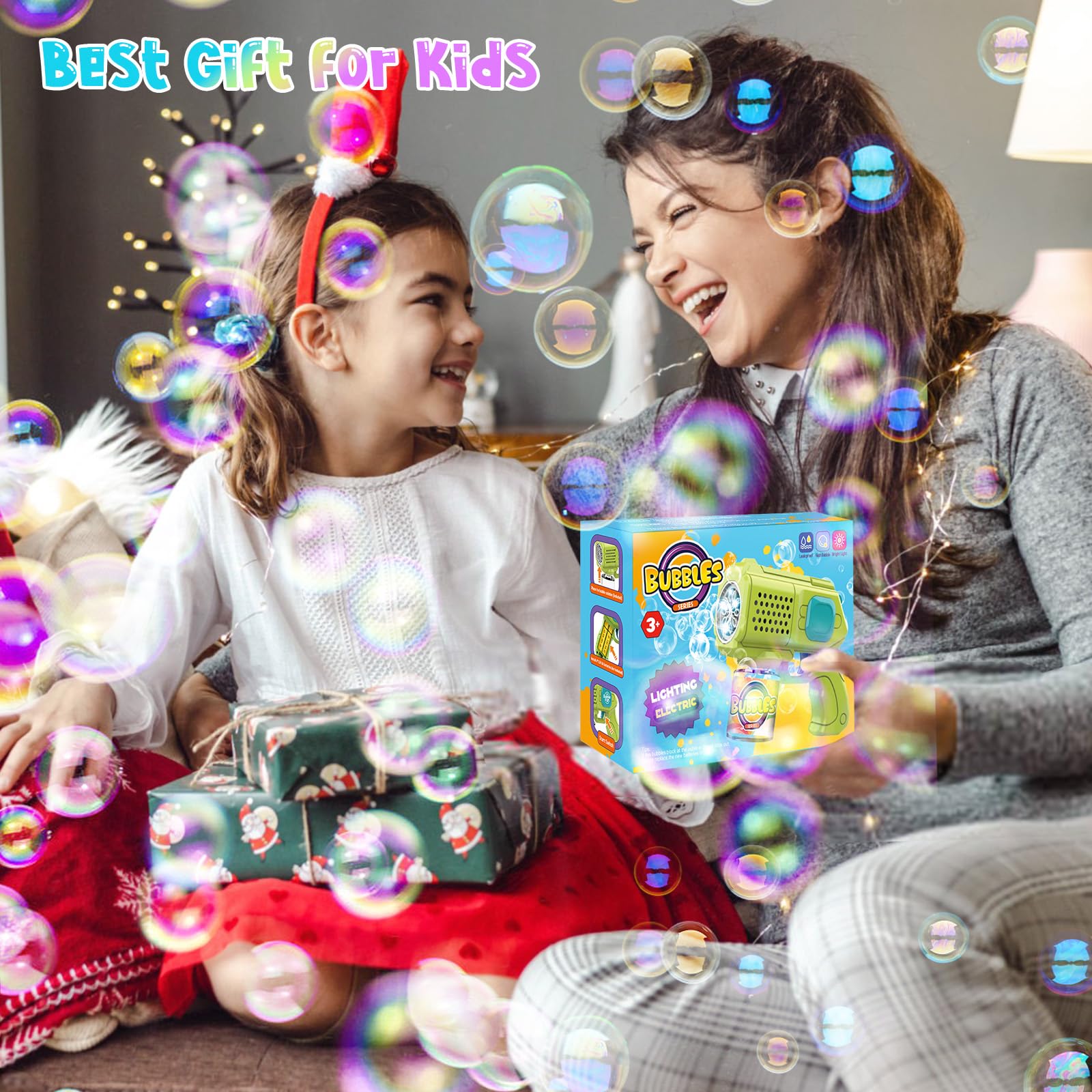 2 Pièces Pistolet à Bulles Automatique – 8000+ Bulles/Min Via 10 Trous, Anti-Fuite 360°, Portable avec Lumières LED – Machine à Bulles pour Enfant – Anniversaire/Mariage/Fête/Cadeau