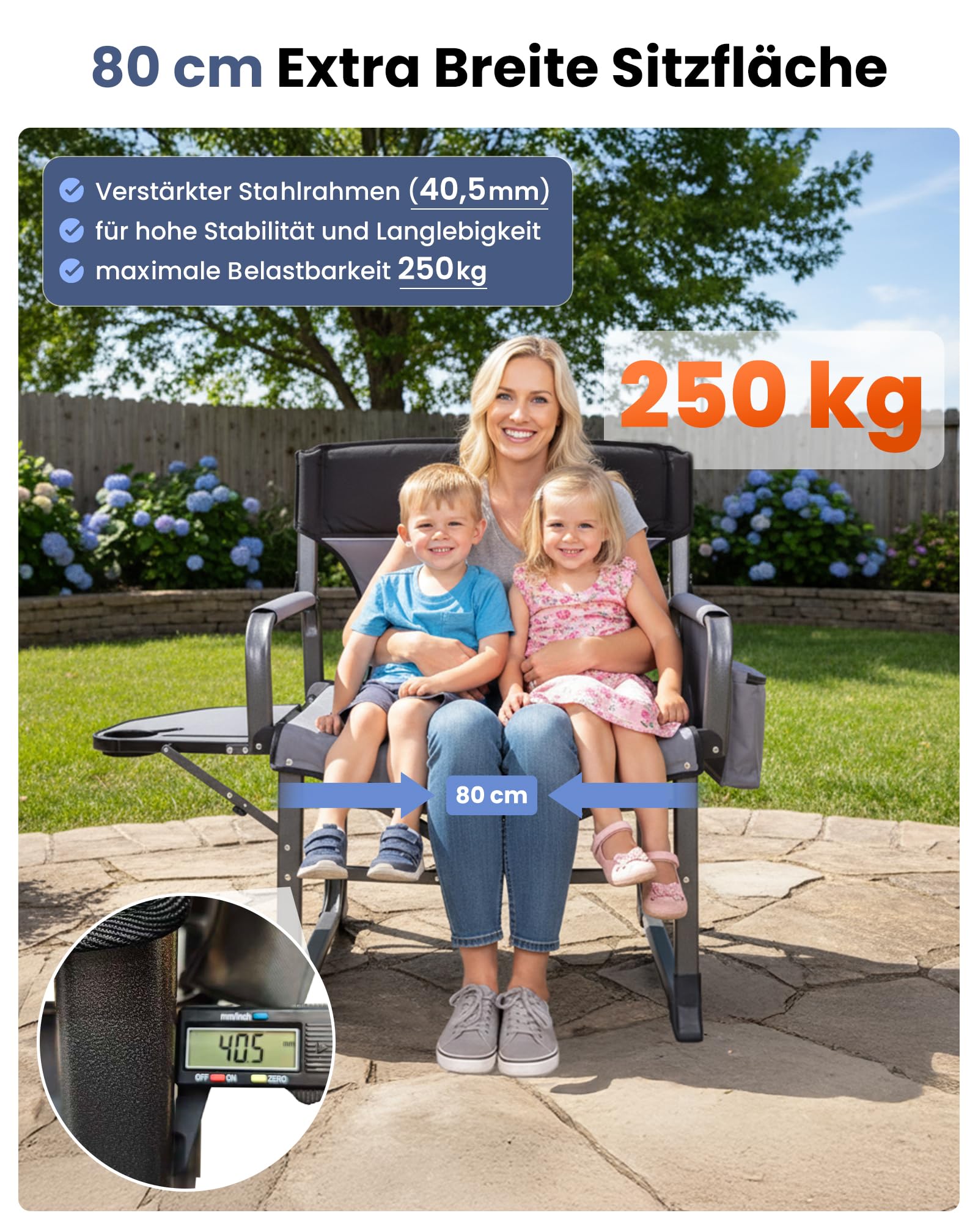 KingCamp XXL Regiestuhl Klappbar mit Extra Breit 80cm Sitzfläche bis 250 kg | Campingstuhl Faltbar mit Seitentisch & Kühltasche, Kompaktes Packmaß, Robuster Tragbarer Angelstuhl für Camping Picknick