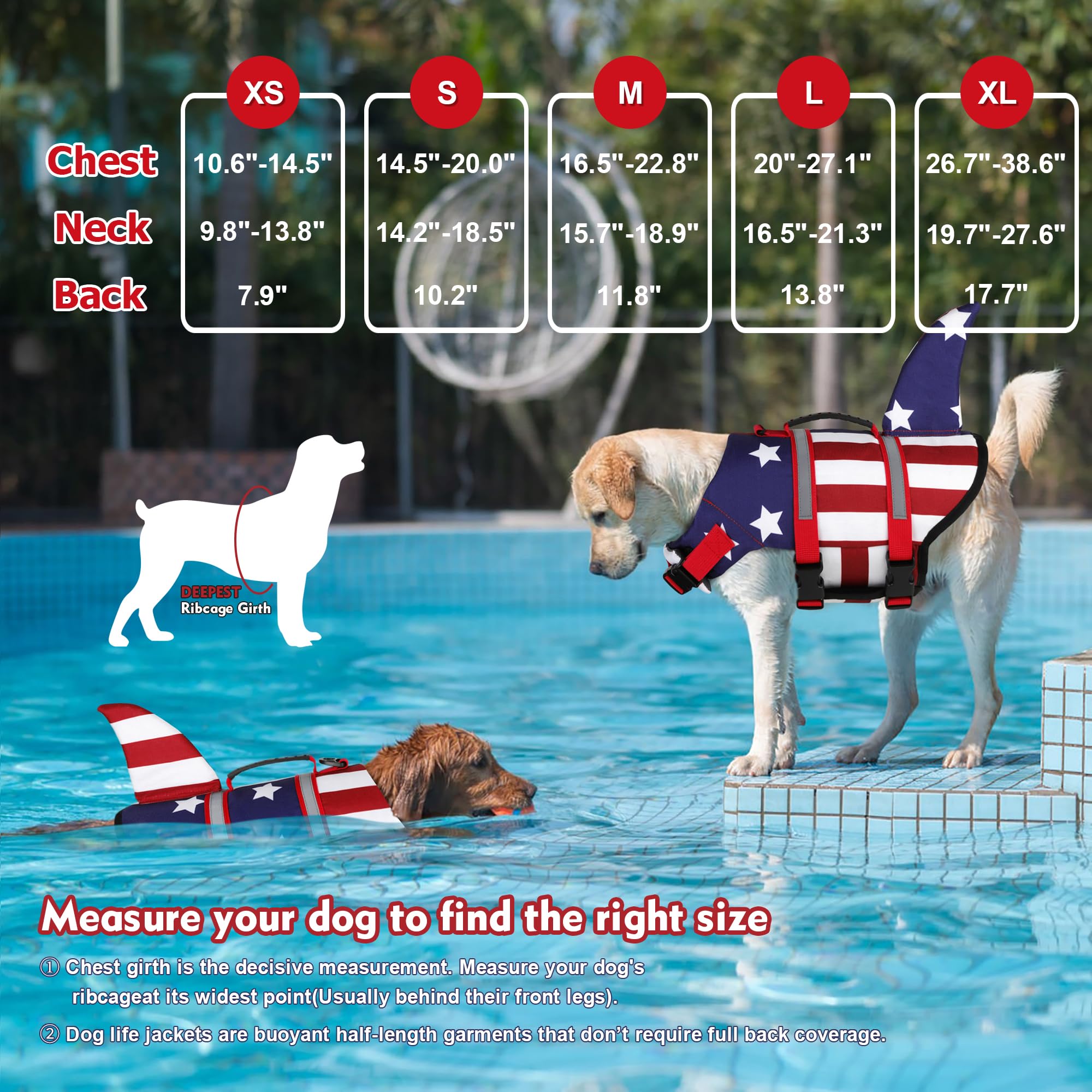 Dogcheer Gilet de sauvetage pour chien, motif requin, drapeau américain, gilet de sauvetage pour chien, flottabilité élevée et poignée de sauvetage, gilet de flottaison réglable pour chiens de petite,