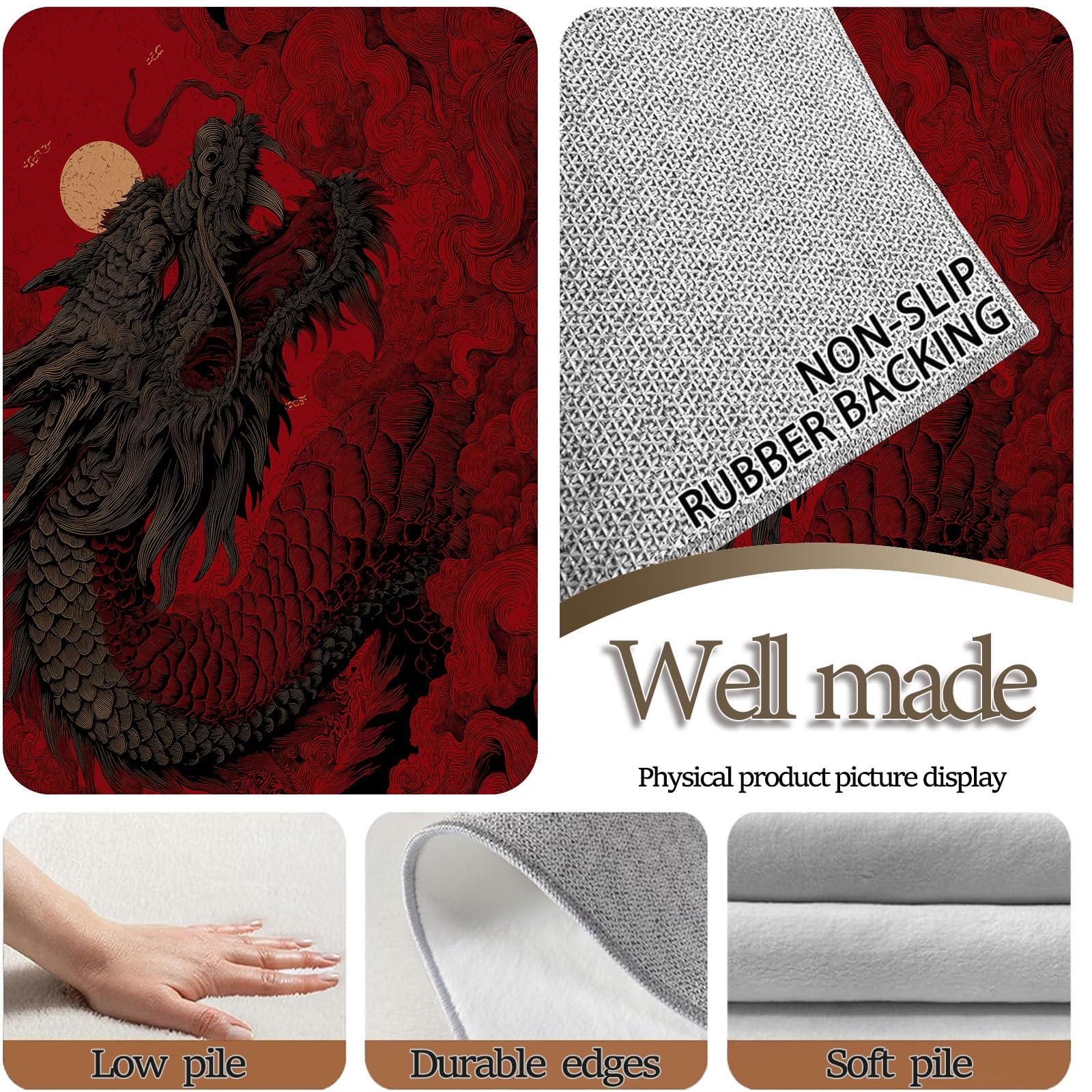 Tapis de Salon Lavable en Machine Rouge Oriental Dragon Lune Anime Faible Poil Antidérapant avec Motif Imprimé Tapis Chambre pour la Chambre à Coucher, 120 x 170 cm