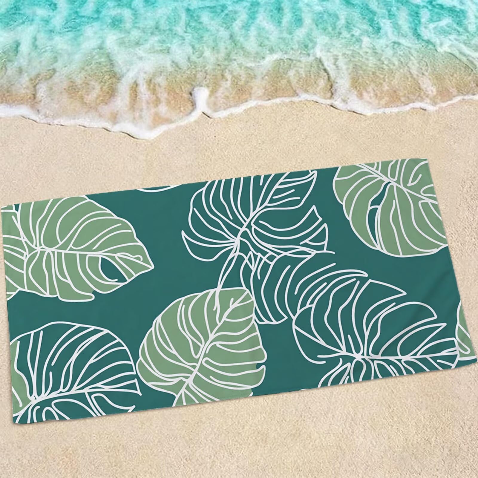 Serviette Microfibre Plage Absorbante XXL 220x100 cm et Compacte Motif Feuille Tropicale