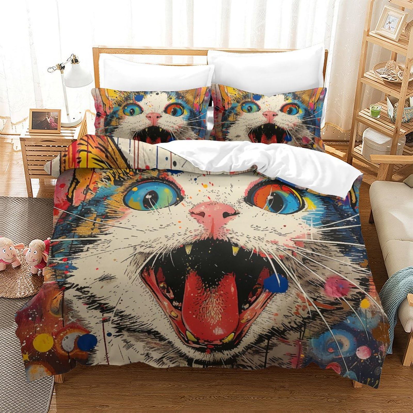 Parure couette chat 3D microfibre hypoallergénique lit 220x240cm anti-acarien enfants